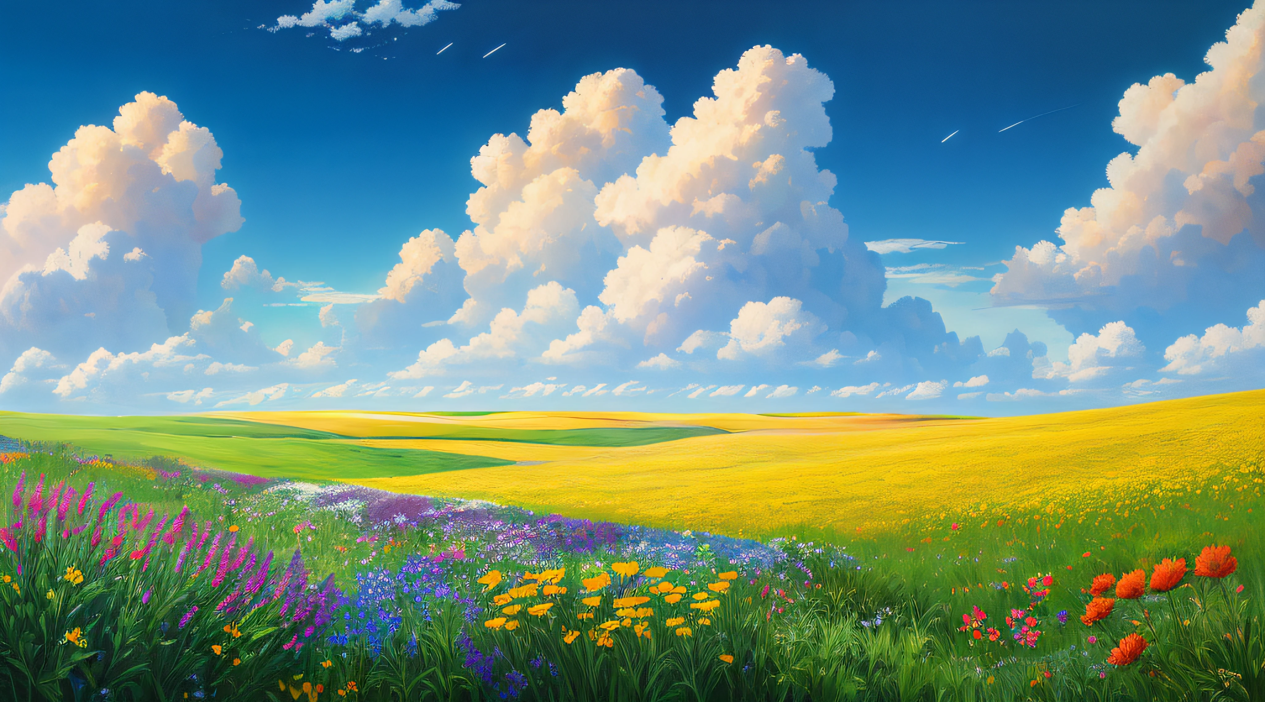 Summer prairie, flowers, clouds, deep field focus, hyper detailed, soft light, ray tracing, cinematic, blue sky, 32k resolution, oil painting