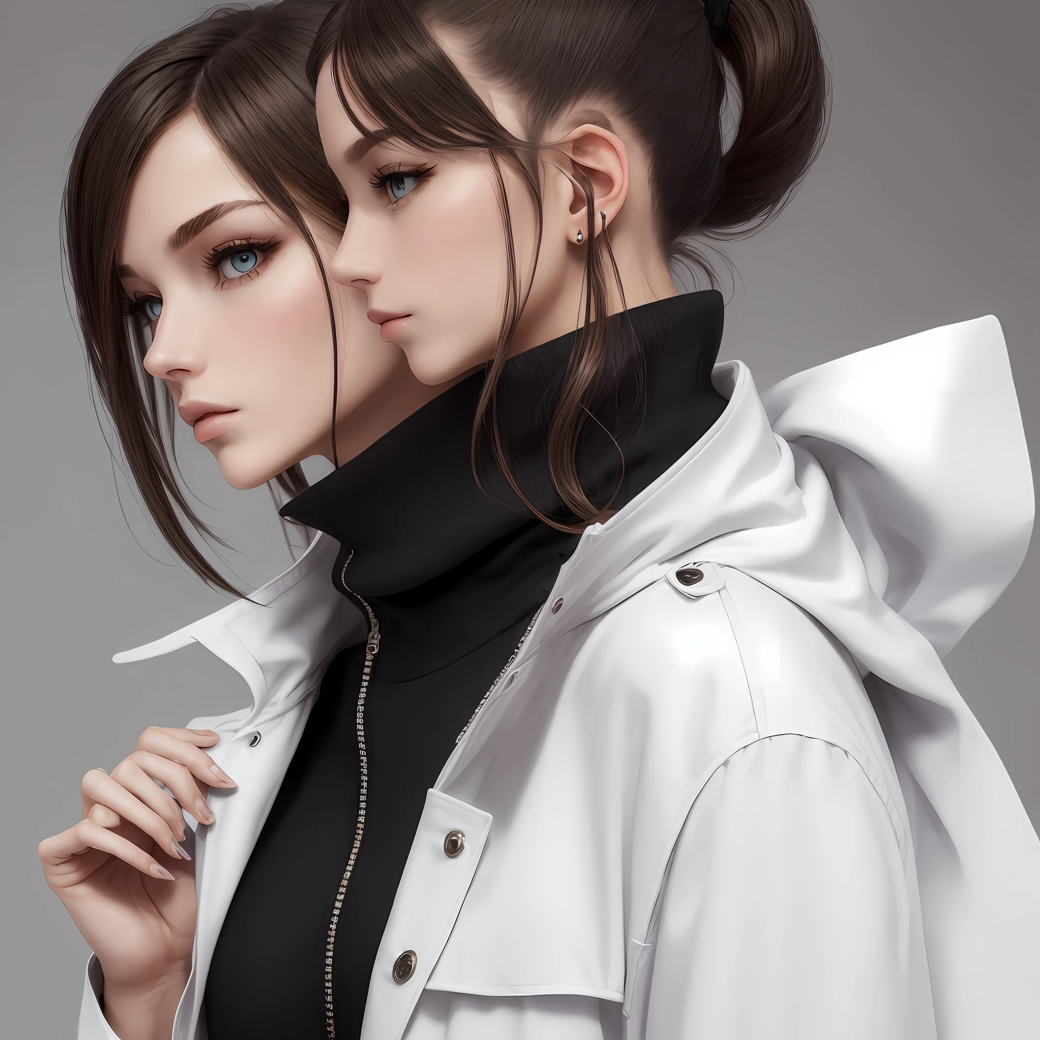 Manteau blanc，white skinned，High ponytail，brunette color hair，Black eyes，full bodyesbian --auto