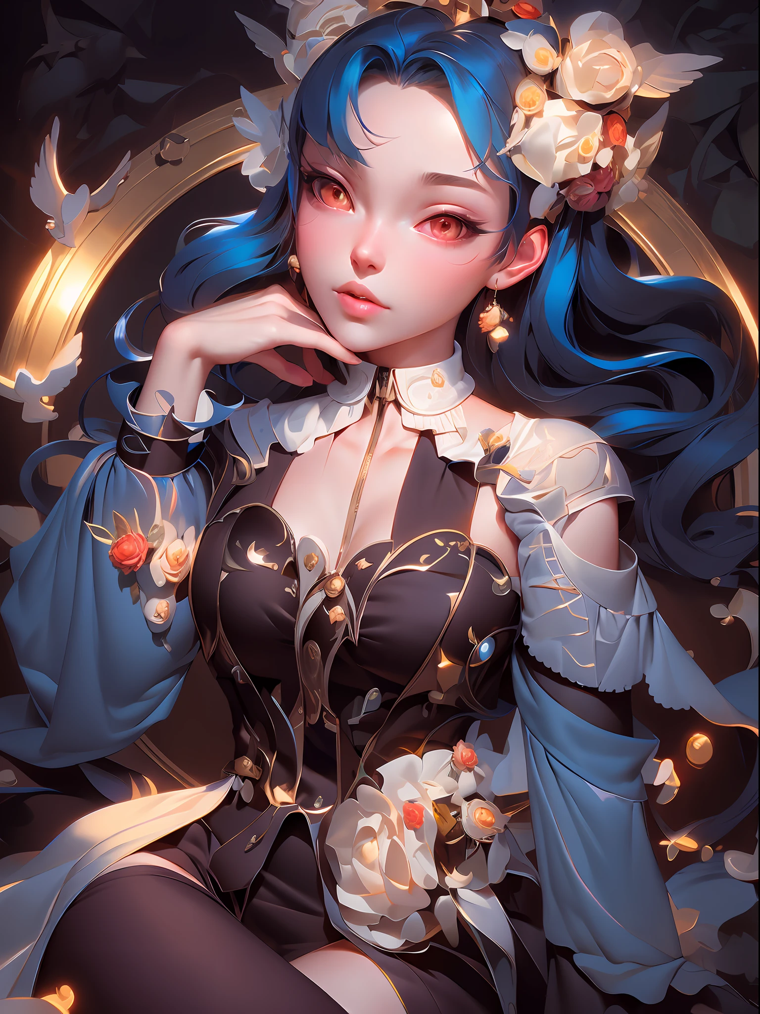 anime - style image of a woman with blue hair and a dress, 8k high quality detailed art, 4k highly detailed digital art, anime styled 3d, detailed digital anime art, cute detailed digital art, artwork in the style of guweiz, intricate ornate anime cgi style, 4k detailed digital art, exquisite digital illustration, stunning digital illustration,masterpiece, best quality, (extremely detailed CG unity 8k wallpaper), (best quality), (best illustration), (best shadow), absurdres, realistic lighting, (Abyss), beautiful detailed glow,