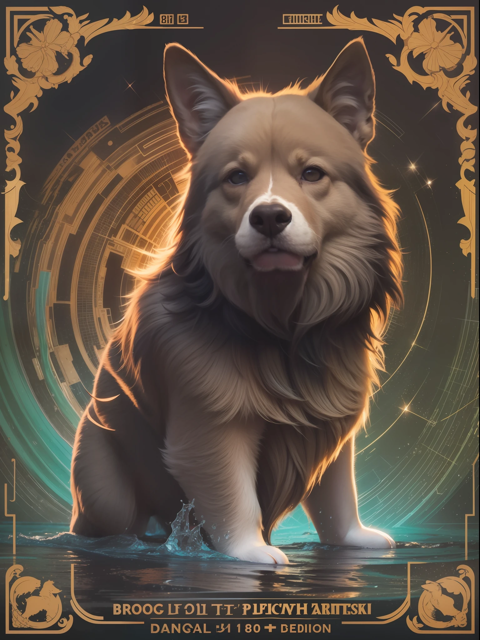 [brown dog] Heraldic silhouette, logo masking style illustration, by dan mumford, by greg rutkowski, by james jean, black background, fantasy art, mysterious, realistic, majestic, rich vibrant colors, high contrast, seamless water brand, artstation, deviantart, dribble, redbubble, teepublic, sharp focus, simple, hyper detailed, detailed drawing, vectorize, outline, isometric style, 8k."