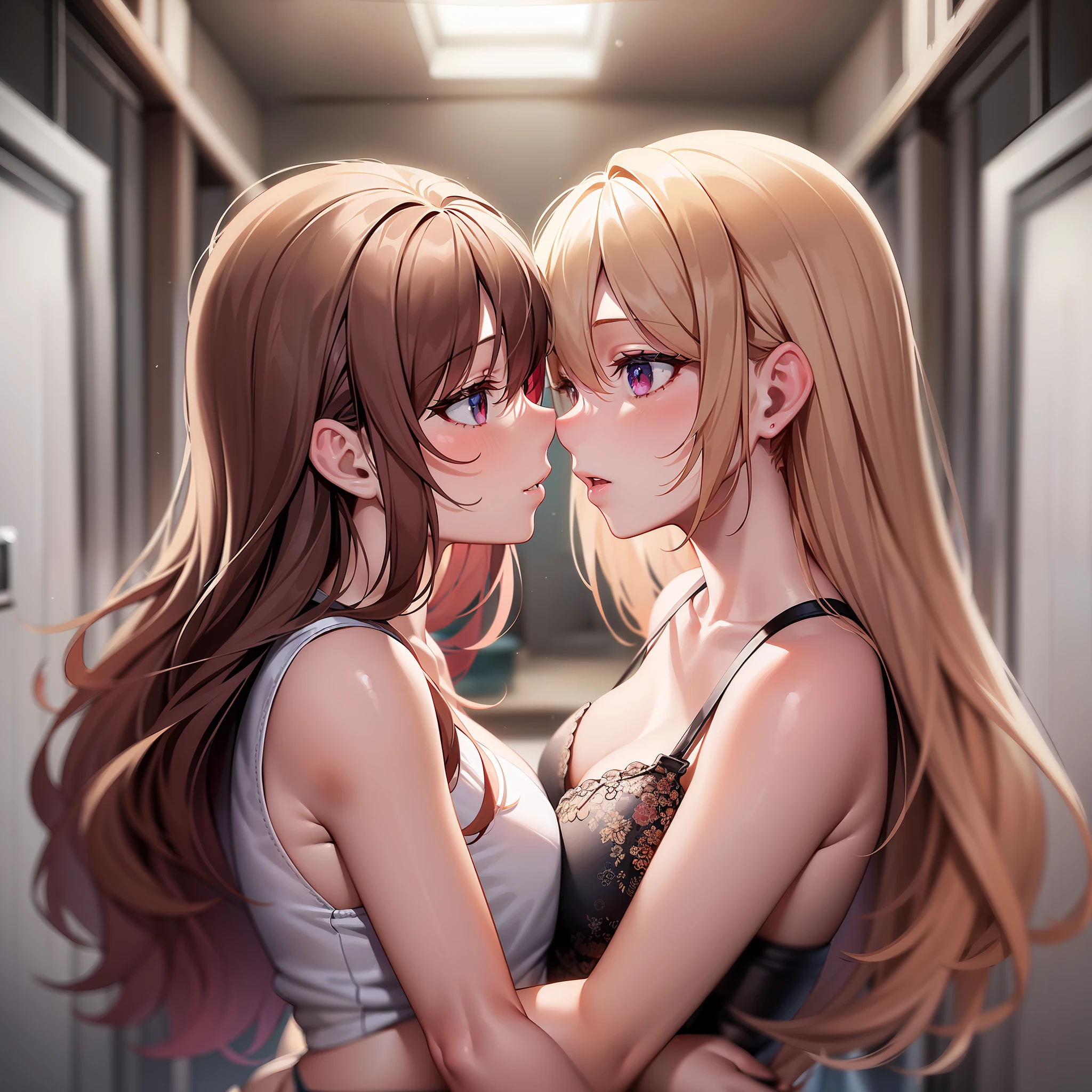 fantastic realism, bokeh, ultra detailed, 2girls facing each other, chest against chest, kiss, red head and blond girl, underwear, indoors, narrow storage room, detailed background,