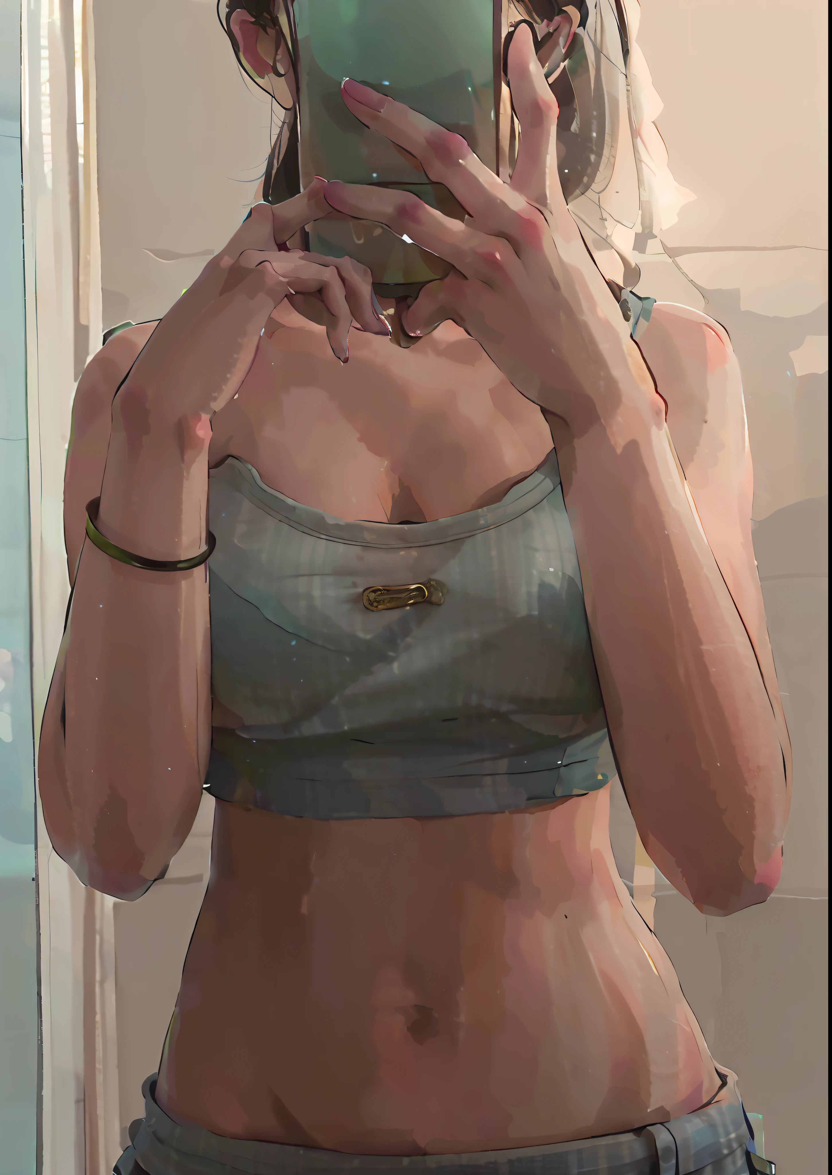 there is a woman taking a selfie in the bathroom mirror, fit pic, half body crop, big breasts thin waist, Physical : tinyest midriff ever, middle shot waist up, photo of slim girl, tinyest midriff ever, in good physical shape, smallest waistline ever, Thin waist, close up to a skinny, belly button showing