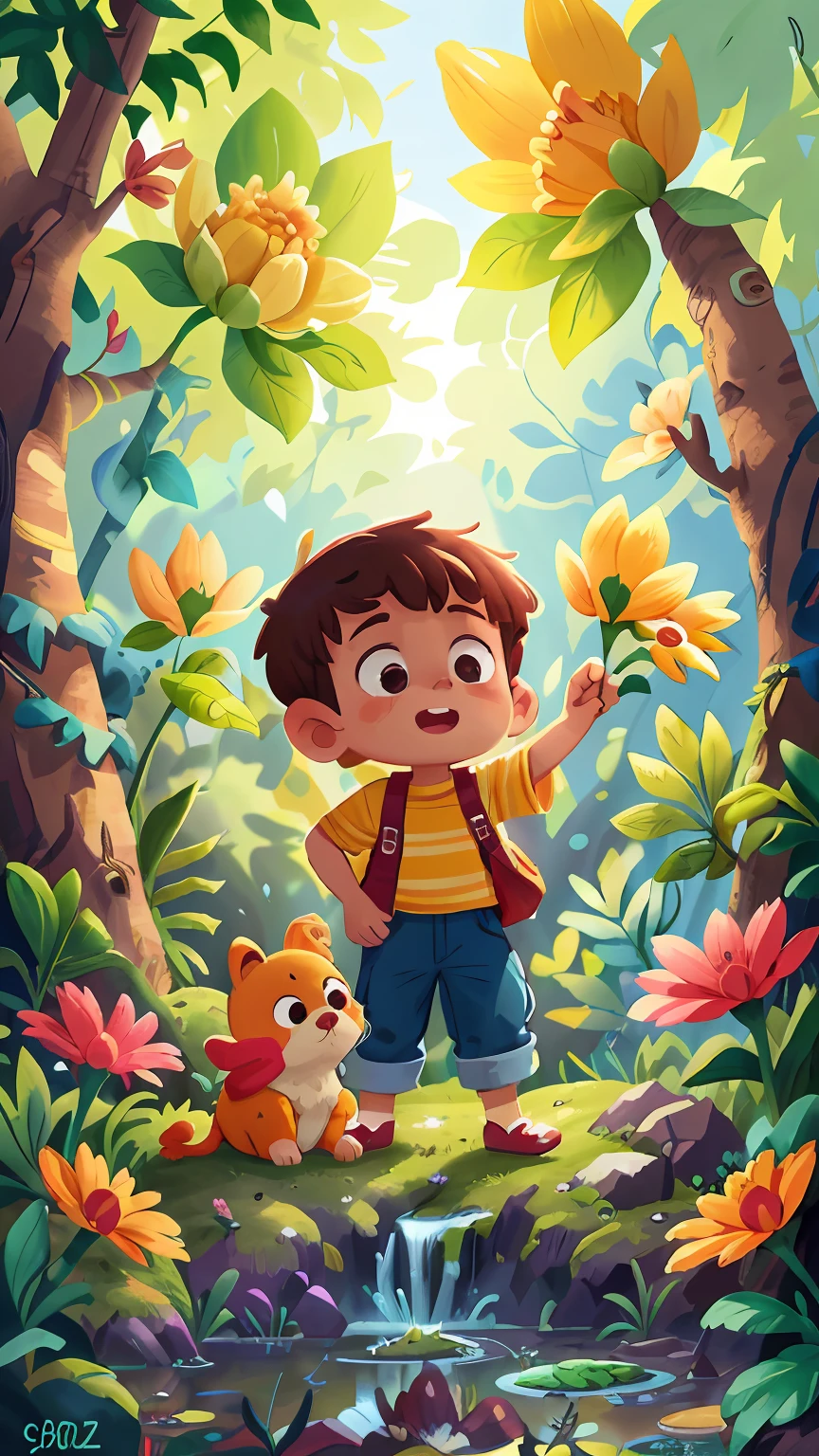 Marco is a curious boy and passionate about nature, gosta de sorrir e brincar. Enquanto explorava sozinho o jardim encantado, Marco fez amizade com os animais que ali viviam. Conheceu o esquilo Saltitante, who loved to climb the trees, e a borboleta Bailarina, who liked to dance among the flowers. Junto, eles brincam de esconde-esconde entre as plantas e descobrem um lago cheio de peixinhos coloridos.