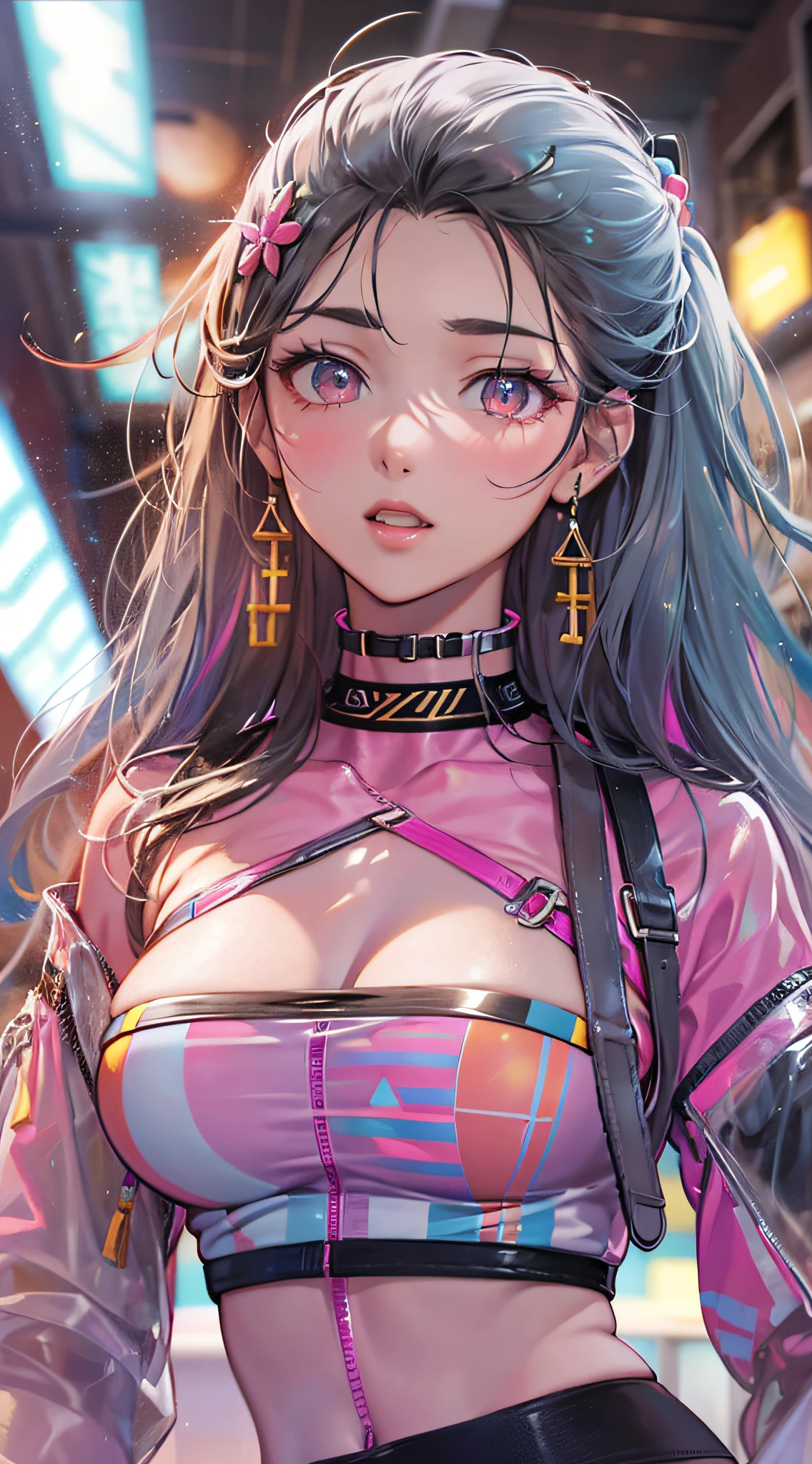 ((Masterpiece)), best quality, absurderes, ultra detailed, holographic, cowboy shot, golden ratio, super cute girl, mature girl, idol girl, super beautiful asian girl with very beautiful violet glowing eyes, beautiful glowing brown multicolored hair, high ponytail, nice and sexy body, slim body, perfect body, wearing a super tight anime printed leotard, an anime printed super tight off shoulder long sleeve crop top, a super aesthetic transparent mini jacket, beautiful hair ornament, pink jordan tennis, being photographed in a mall shop with her handsome skinny boyfriend, with black messy black glowing hair, and super casual clothing
