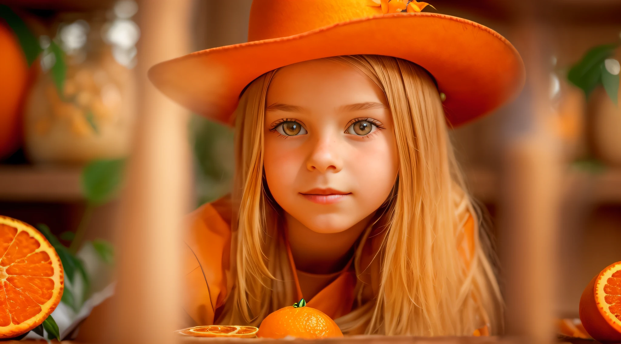  Russian child girl,e up, PORTRAIT, with long blonde hair, in a cowboy hat, many oranges with leaves on them on a table, oranges, extremely coherent orange, orange skin, orange and orange slices, orange colors, orange color, orange backgorund orange, orange, orange slices, vibrant orange, orange background, an orange, orange colors,  very orange, orange theme, orange minerals, in front of an orange background, orange plants