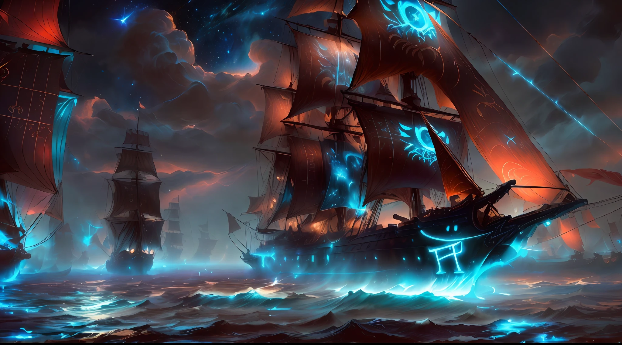 Masterpiece, Illustration, huggers, concept art, painting of ships in the ocean with stormy sea in the background, (at midnight with starry skies, Milky Way shooting stars),volumetric lighting, vibrant contrast, detailed cover artwork, fantasy, magical glowing particles, amazing wallpaper, pirate ship, old pirate ship, sailing ship, gothic ship on ocean, 4k highly detailed digital art, magical ships, detailed painting 4k, , GlowingRunesAI_paleblue,