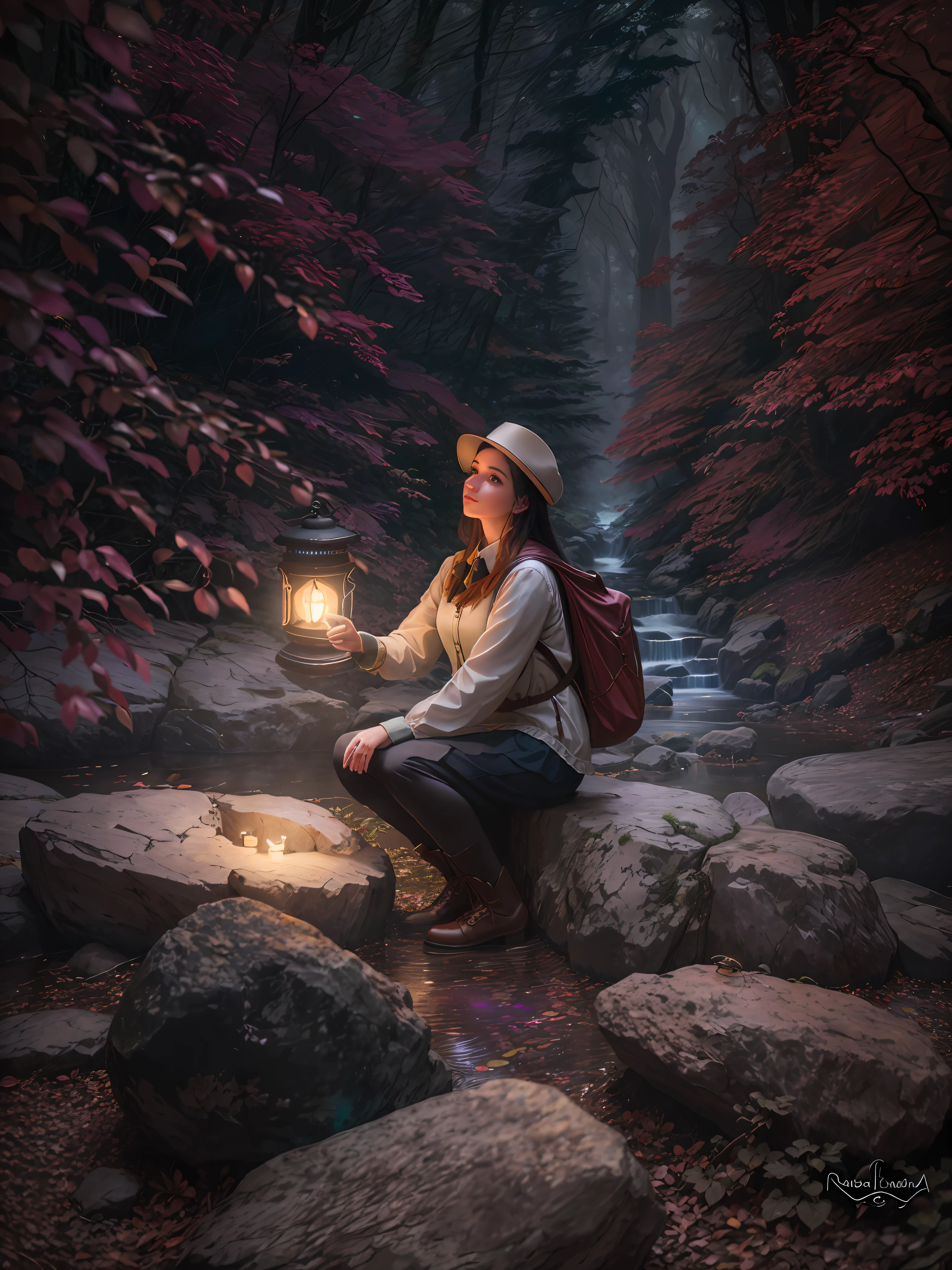 Arafed woman sitting on rocks with flashlight in hand, menina sob a lanterna, segurando uma lanterna, amidst nature, foto de retrato, Perdidos em uma paisagem de fadas sonhadoras, Mystical setting, retrato ambiental, mulher em uma floresta escura, fotografia de fantasia realista, in the magical forest, Luz da lanterna, retrato de alta qualidade, in a magical forest, fotografia de fantasia, Magical Glow, magic light