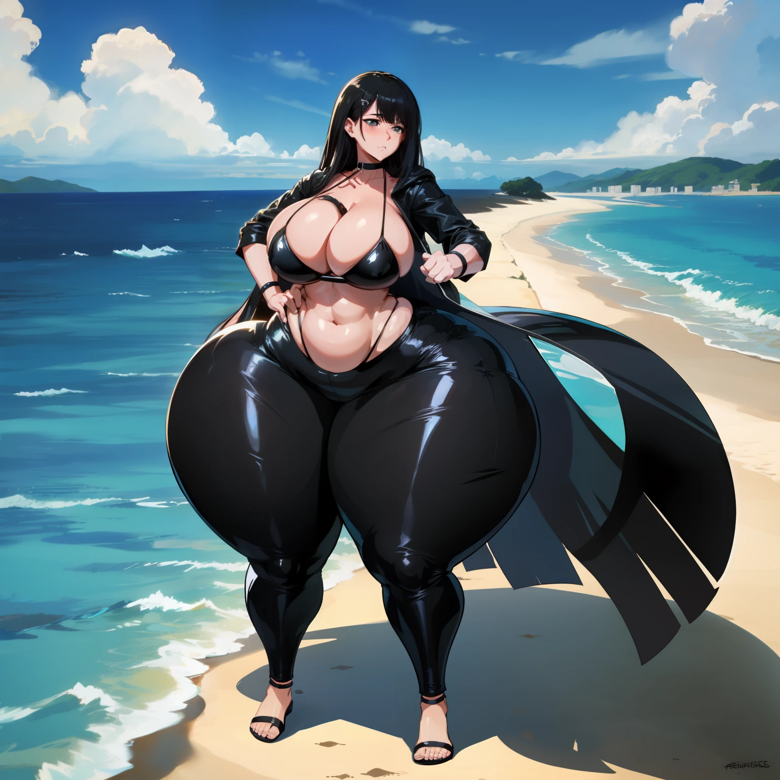(full body), bottomheavy, huge ass, gigantic ass, thick thighs, massive thighs, hyper thighs, (extremely wide hips:1.4), solo, beach scenery