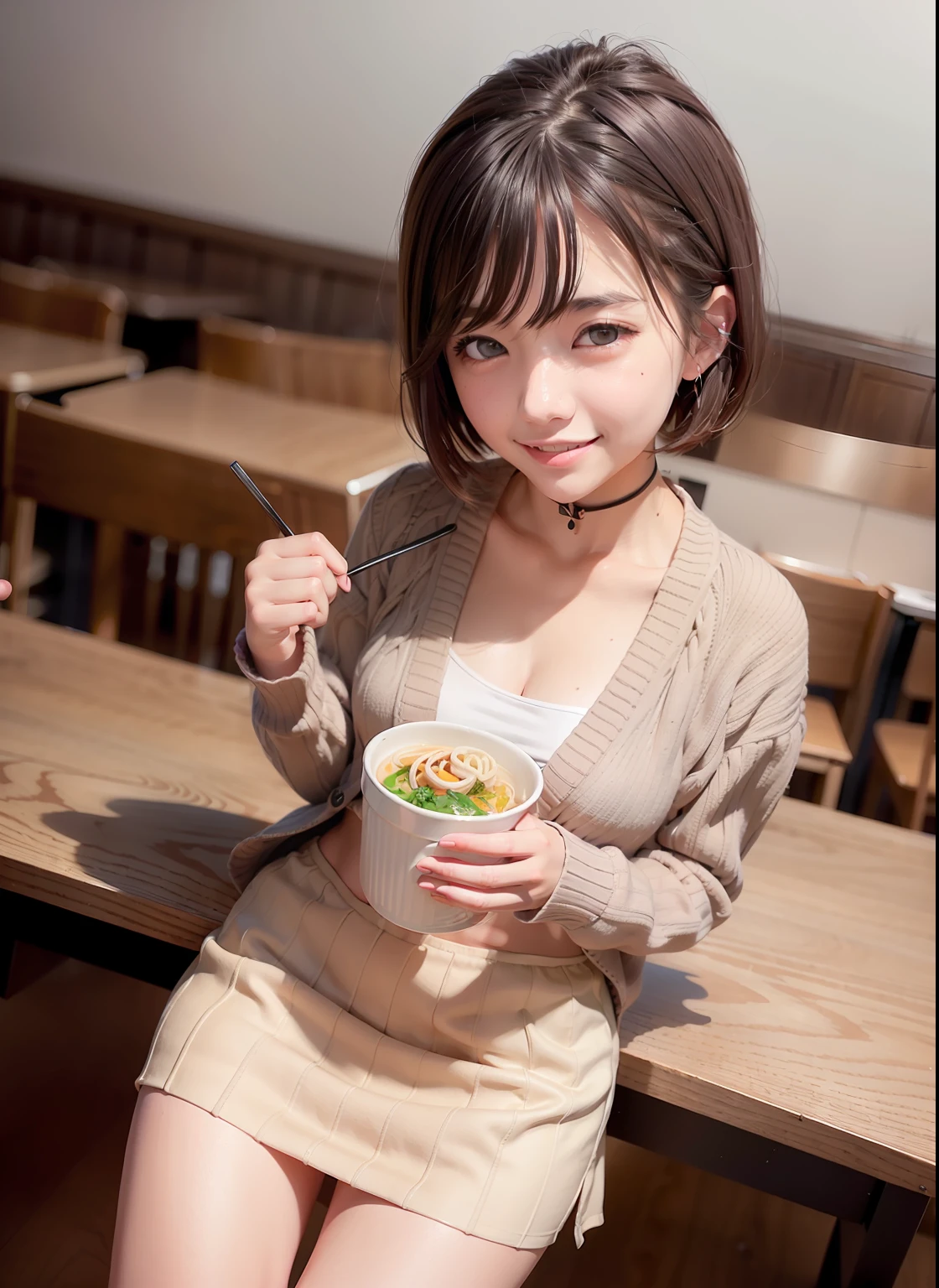 (realisitic:1.4)、top-quality、超A high resolution、
4k, instagram,
ighly detailed、
1girl in ,
(cardigan:1.2)、long-sleeve、Plated skirt
short hair、bangss、
smile
Eating ramen in the cafeteria