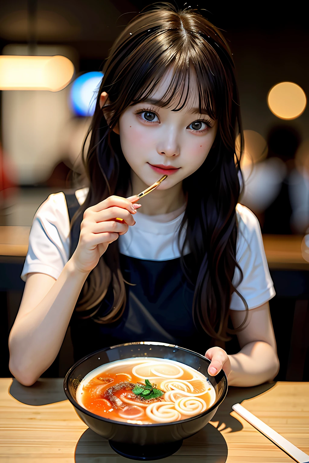 masterpiece, top-quality, detaile, Dramatic, Ray traching, realisitic, full bodyesbian, (Sketched:1.2), anime keyvisual, Bokeh Hazy Godley、Cute girl eating ramen