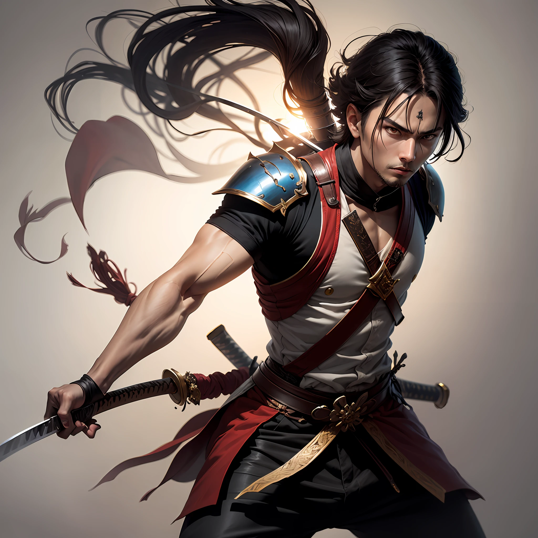 Swordsman with a katana whose sword is of black fire
