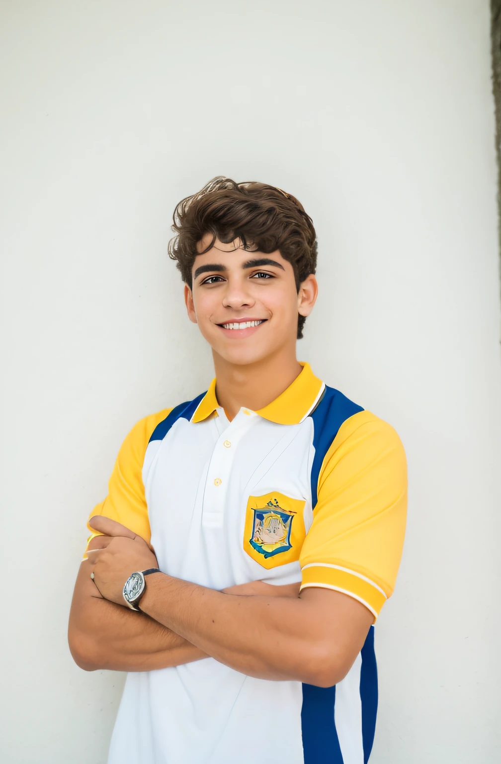 Foto RAW, uma foto retrato de um homem adolescente com 18 anos de idade sorrindo, estudante. dentro de uma escola moderna e colorida. personagem de origem latina, usando camisa polo branca com gola e mangas na cor amarela (obra-prima:1.2) (fotorrealista: 1.2) (bokeh) (melhor qualidade) (pele detalhada: 1.2) (detalhes intrincados) (noturno) (8k) (HDR) (cinematic lighthing) (foco nítido)