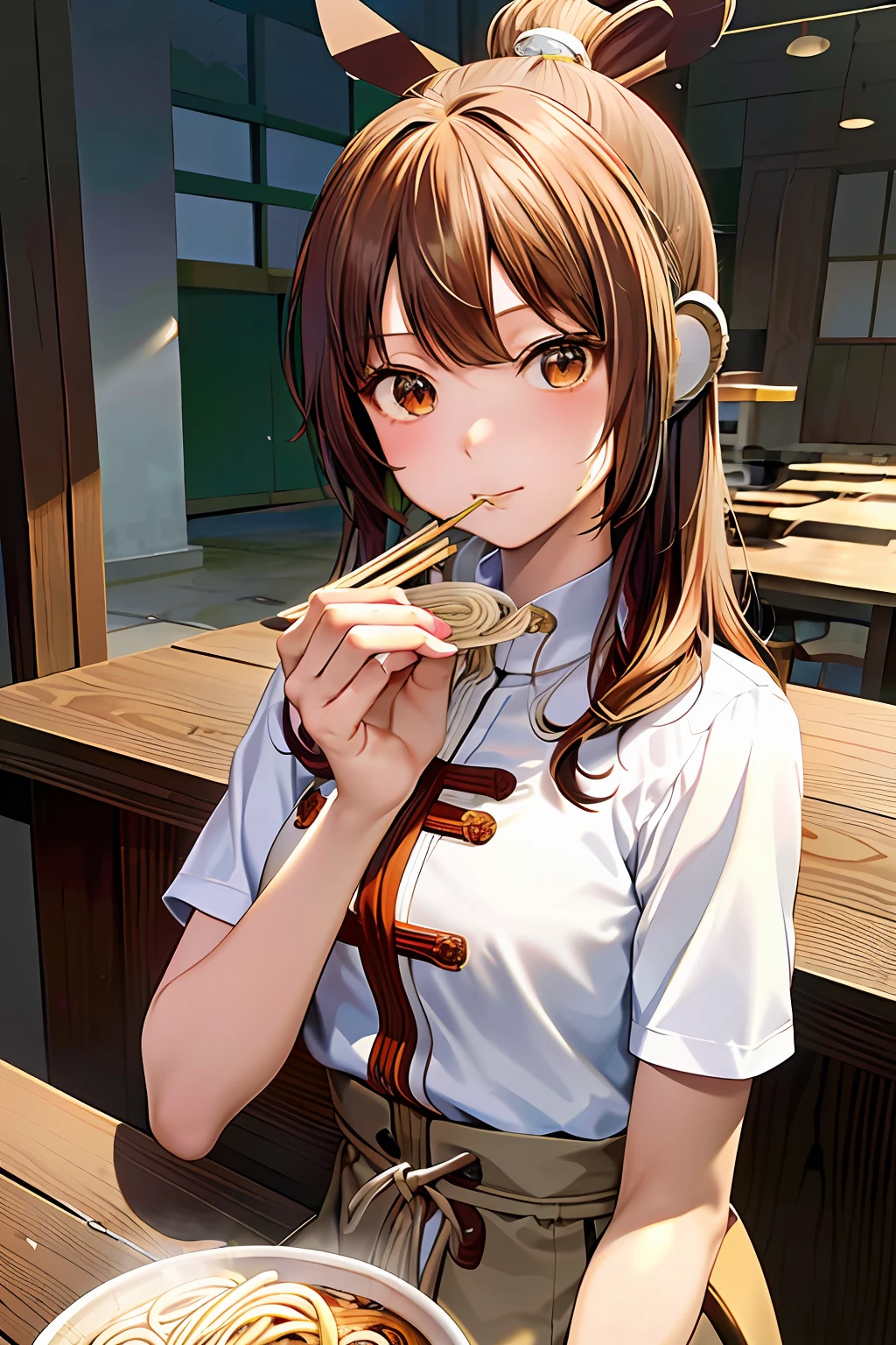 masutepiece, Best Quality, absurderes, perfect anatomia, 1girl in, Solo, Botan, BotanCasual,Long hair,Sit next to the table,holding a bowl with one hand,(a girl eating ramen with chopsticks in her hand, with a bowl of noodles in front of her:1.3) ,