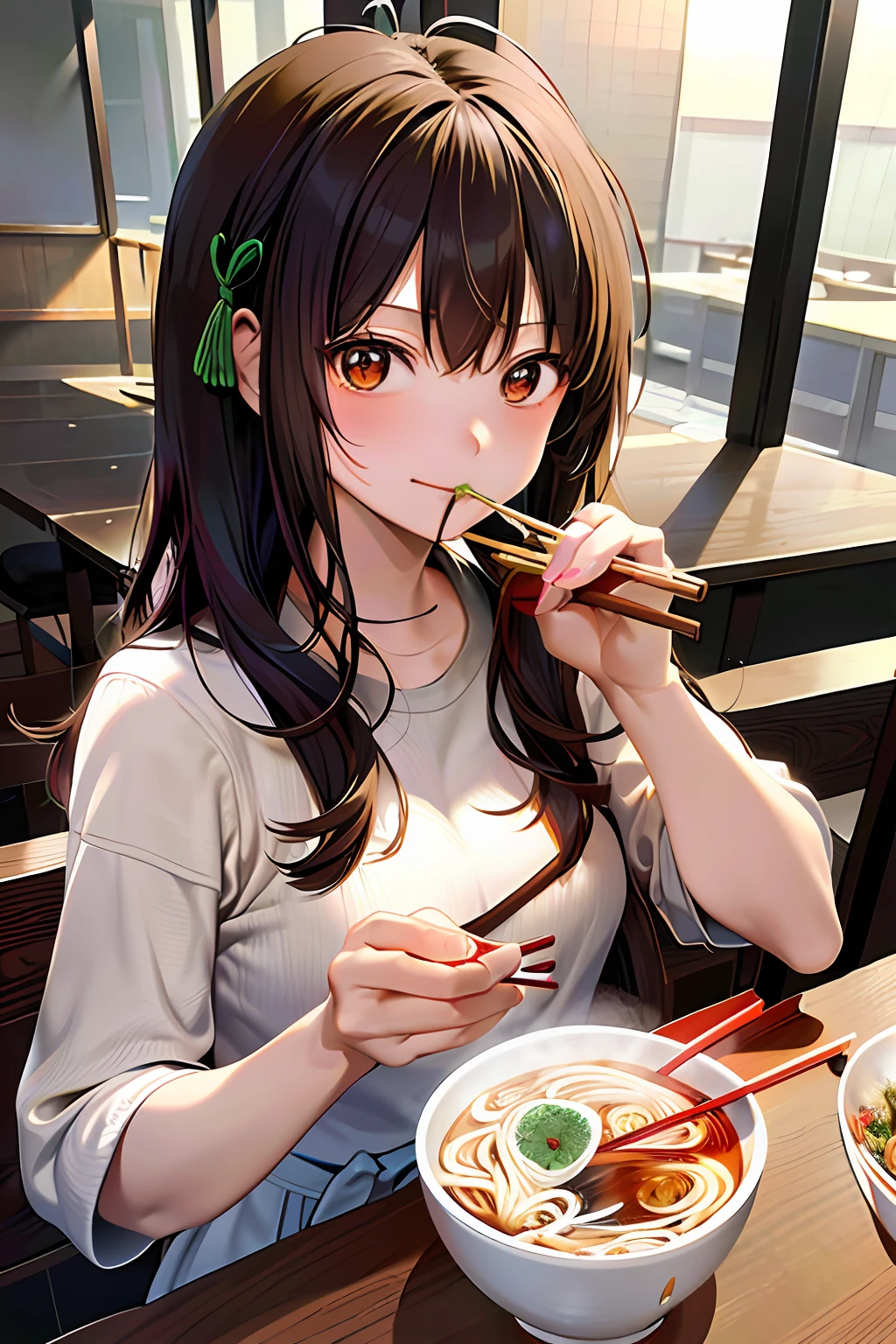 masutepiece, Best Quality, absurderes, perfect anatomia, 1girl in, Solo, Botan, BotanCasual,Long hair,Sit next to the table,holding a bowl with one hand,(a girl eating ramen with chopsticks in her hand, with a bowl of noodles in front of her:1.3) ,