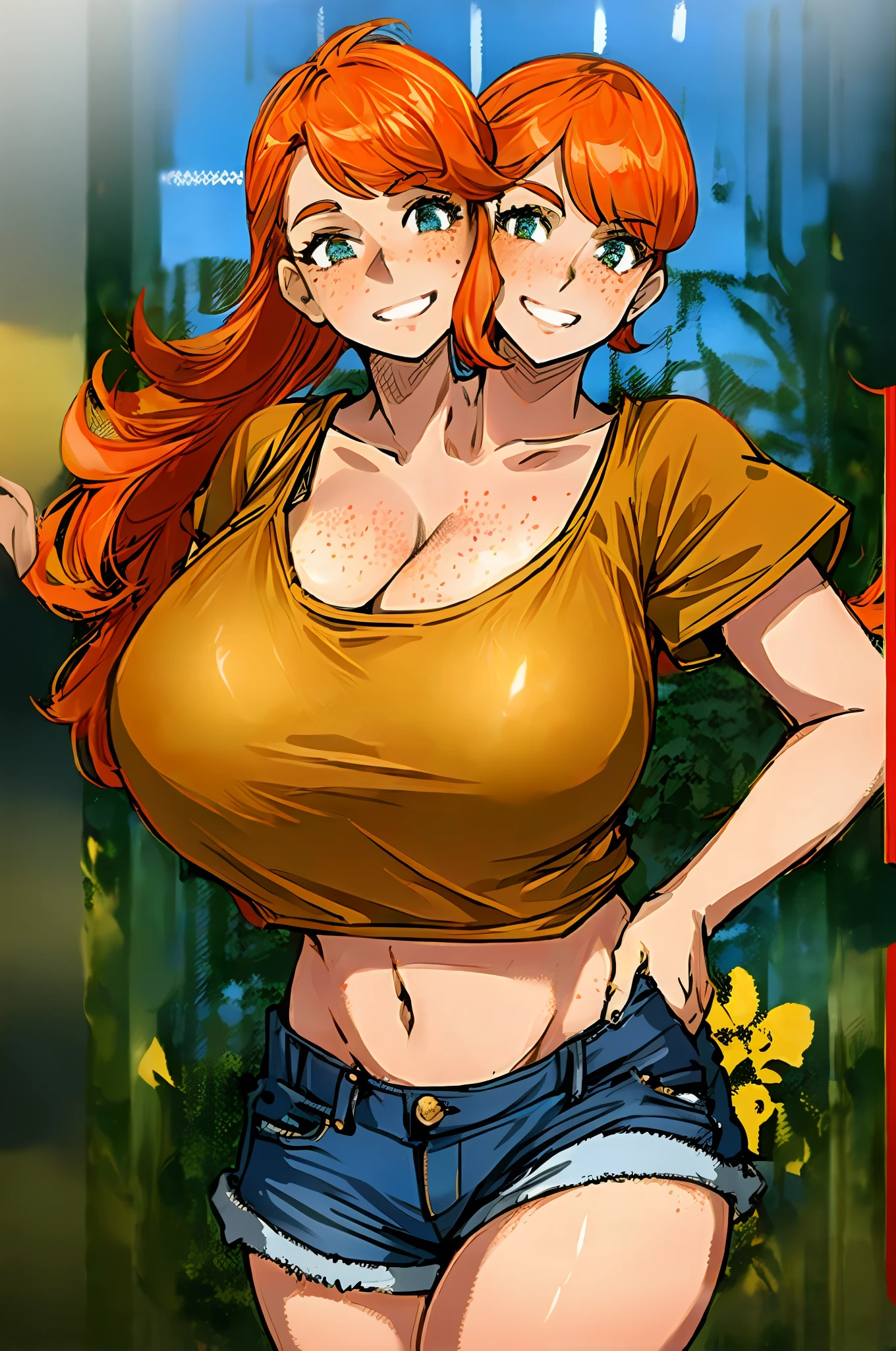 2heads, a short chubby woman with 2 heads. She has gigantic breasts. She has frizzy orange hair. She has a lot of freckles. She is smiling wide. She is outside on a sunny day. She is wearing a low-cut top and jean shorts. Her breasts are gigantic. Her breasts have a lot of freckles.