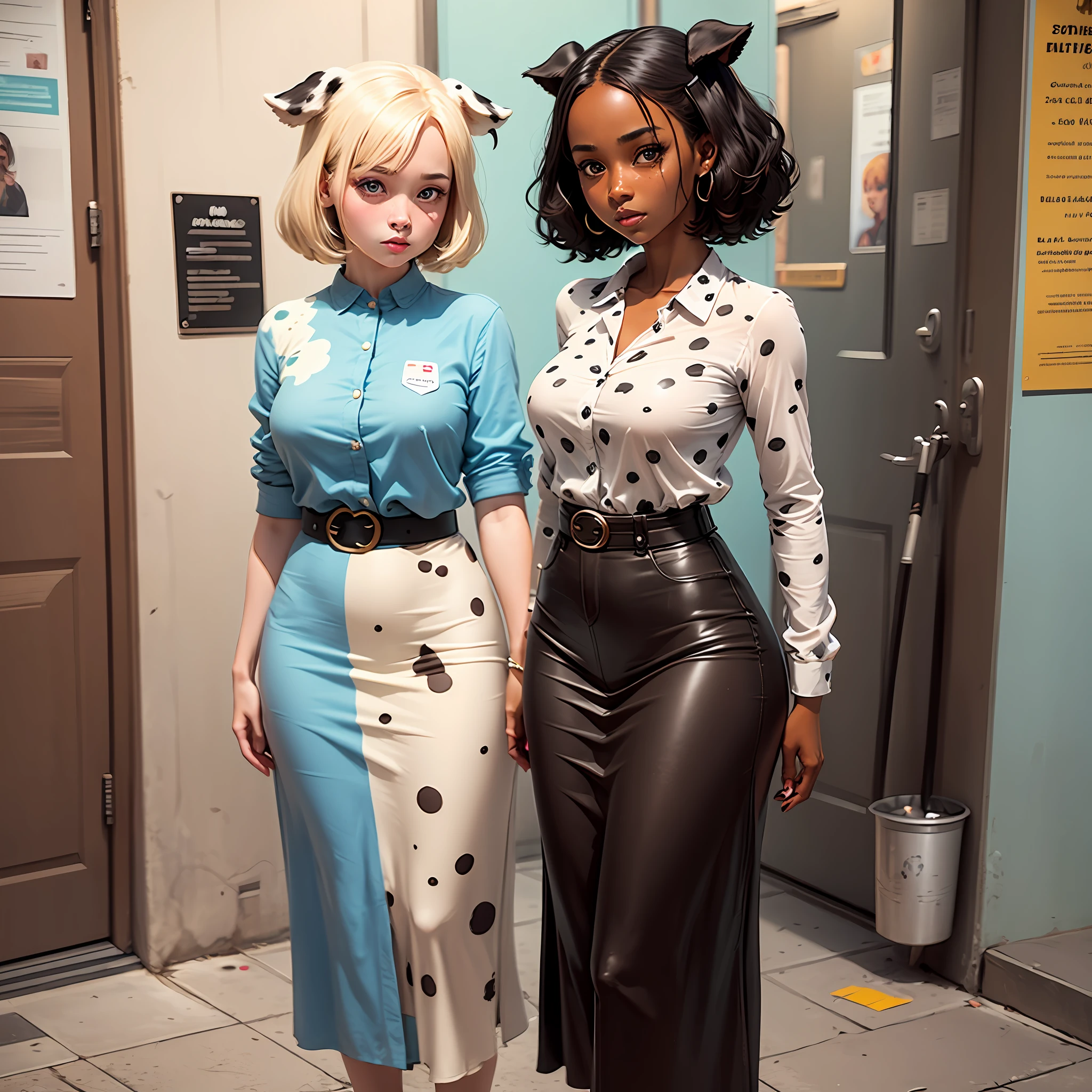 1girl, dalmatian dog ears, spots, spotted ears, chocolate milk inspired color palette, creamy colors, brown spots, chocodog, very light blue eyes, masterpiece, standing, cute pose, trending, character, design, cutest, adorable, stunning, detailed clothing, professional chat, bown skin, dark skin, melanin --auto