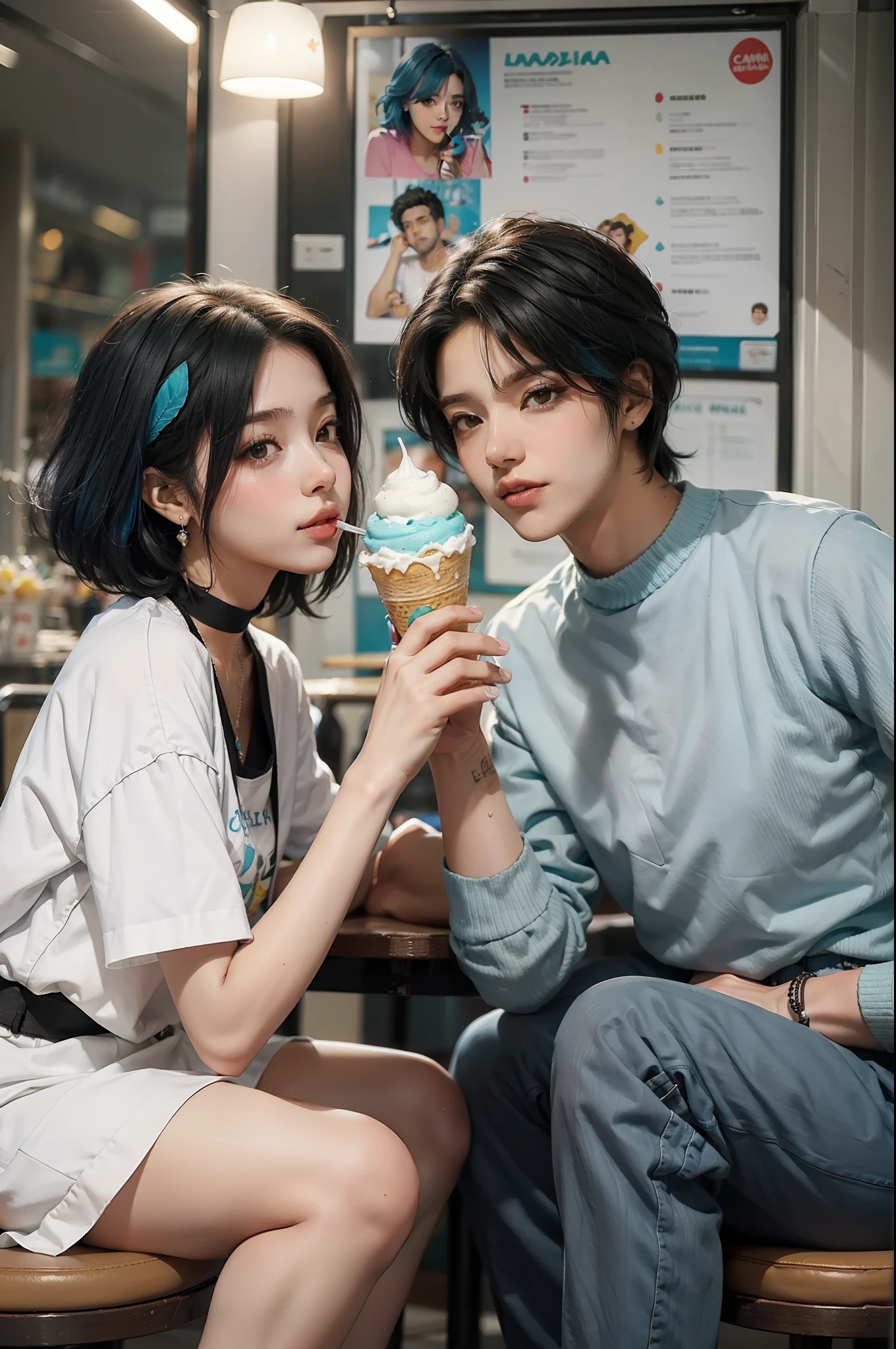 um casal de amigos felizes sentados em cadeiras em uma sorveteria comendo sorvete, a tem cabelo preto curto e o meninoabelo azul