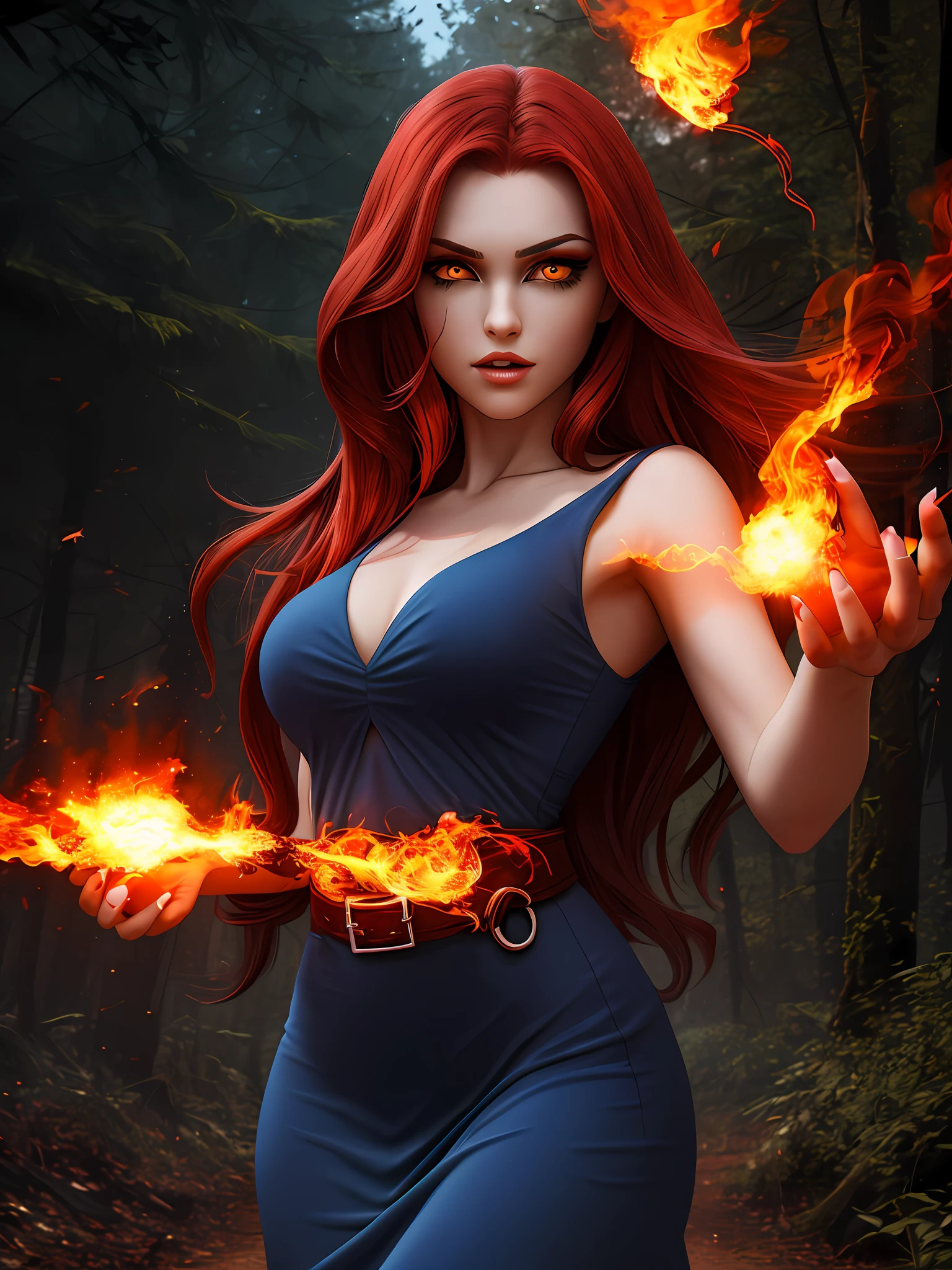 Fiery Eyes, long nails, Bright blue dress