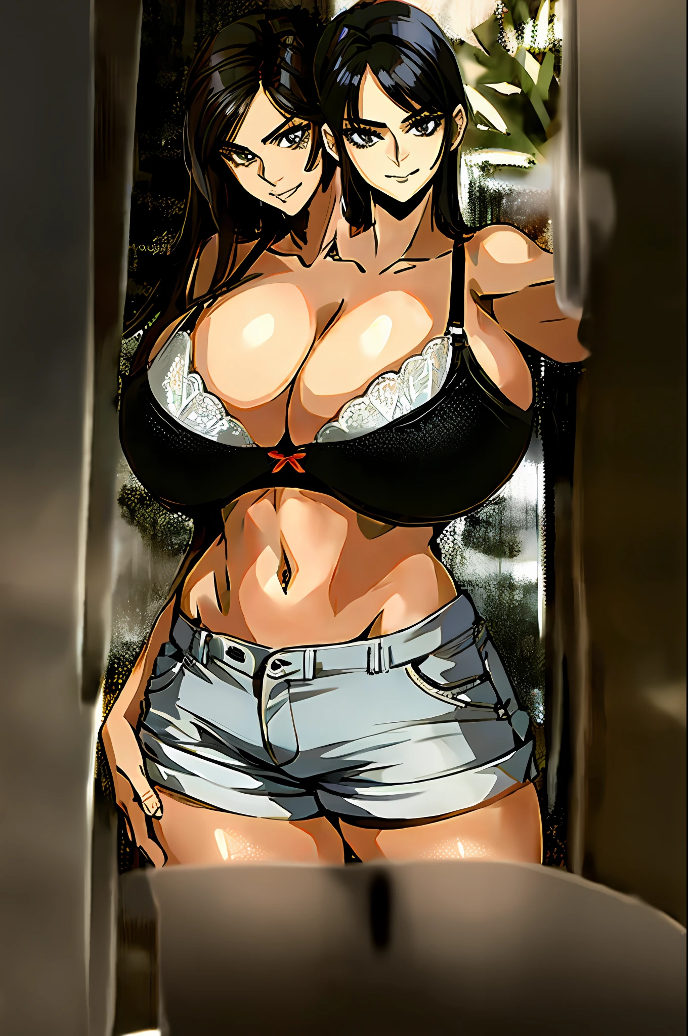 2heads, a short thin woman with 2 heads. She has gigantic breasts. She is wearing just a bra and shorts. She has massive breasts. She looks seductive. She looks nervous. She is wet. Her breasts are enormous.