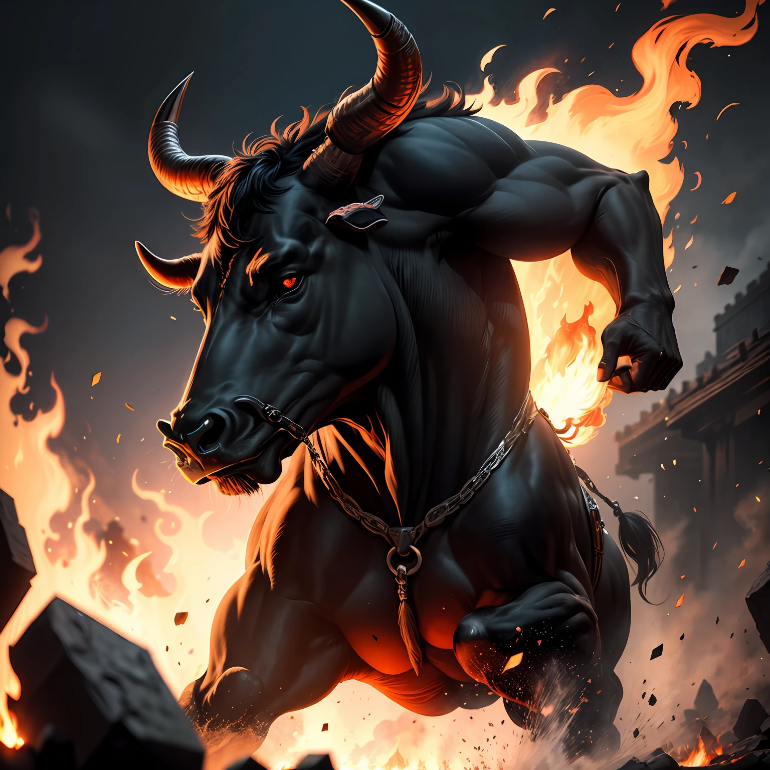 A fighting bull, black background, realism, epic and austere, captivating fire in the background, realistic fire, realistic lighting, detailed, grandeur. --auto
