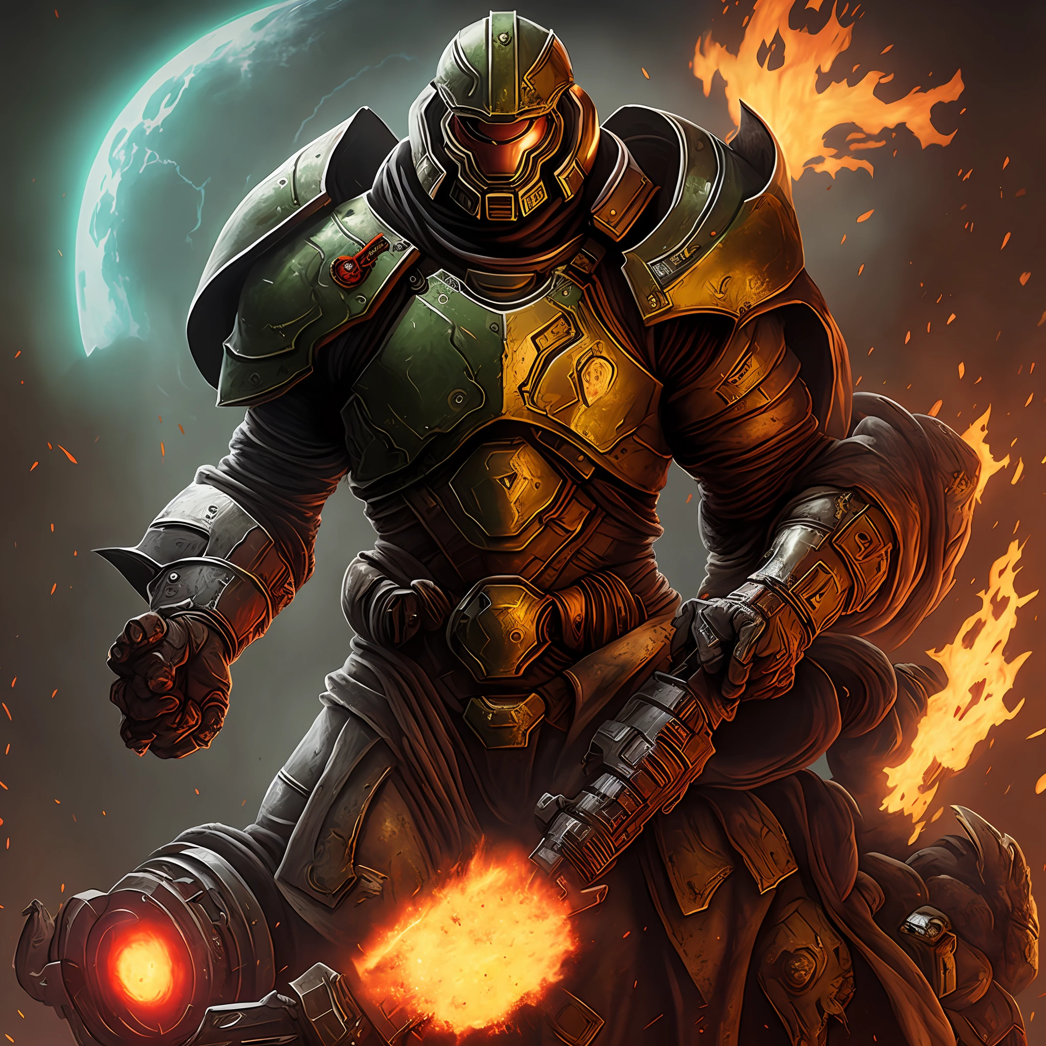 Imagem de um homem com uma arma e um capacete, Arte de fantasia de Doom Slayer, Doom Matador de doom eternal, Estilo de arte Doom Eternal, the doom slayer, Doom Matador, Doomguy, Doom Guy Parecido com Samus, arte conceitual eterna do destino, doomguy as a soviet soldier, Retrato de arte de um fuzileiro espacial, the doomslayer