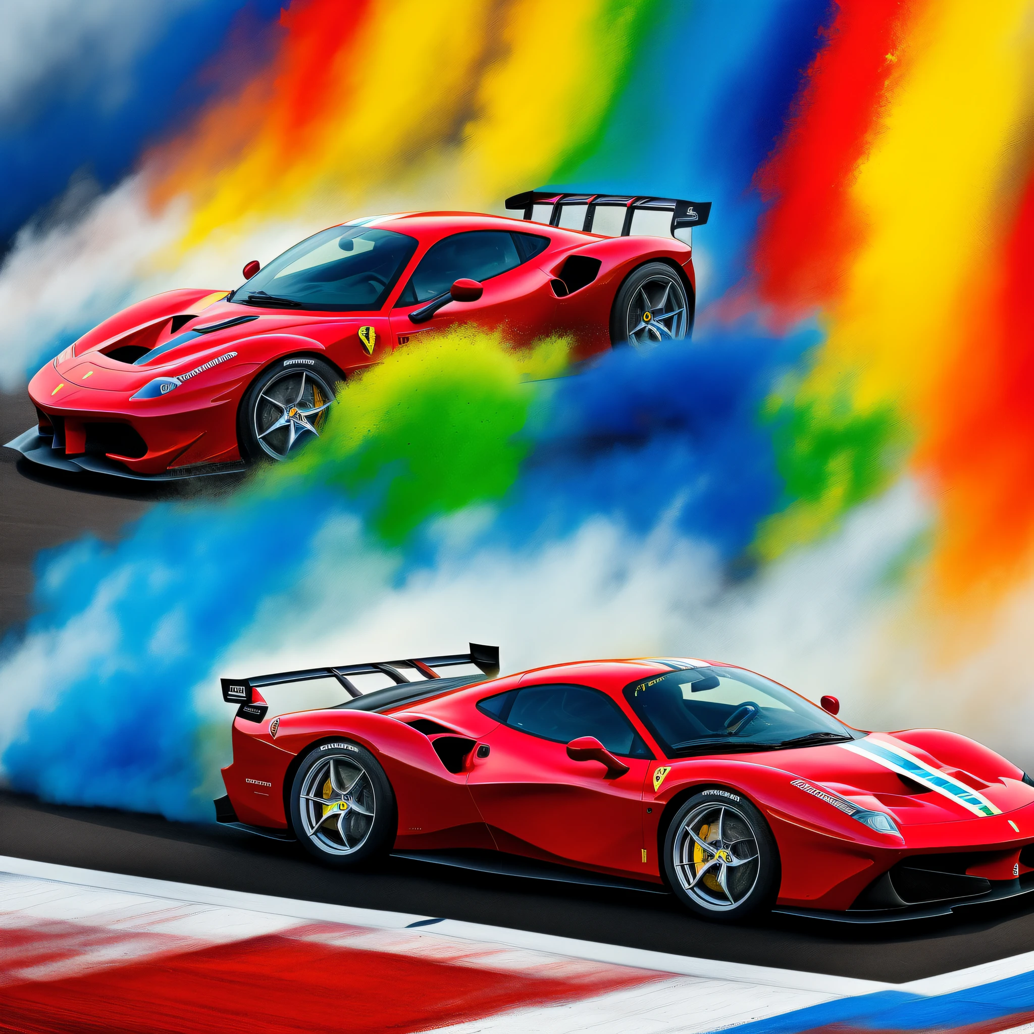 Pintar um carro de corrida da marca Ferrari, na pista, Clearly visible. Pintura estilo: "impressionismo", com cores vibrantes bem definidas em 8K.