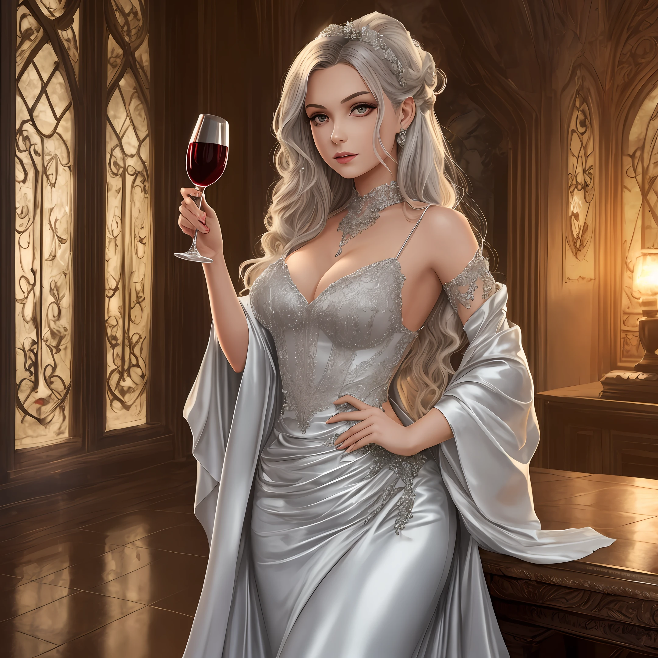 A young female vampire, beautiful, in a silver gown, holding a glass of wine in her hand. --auto --s2