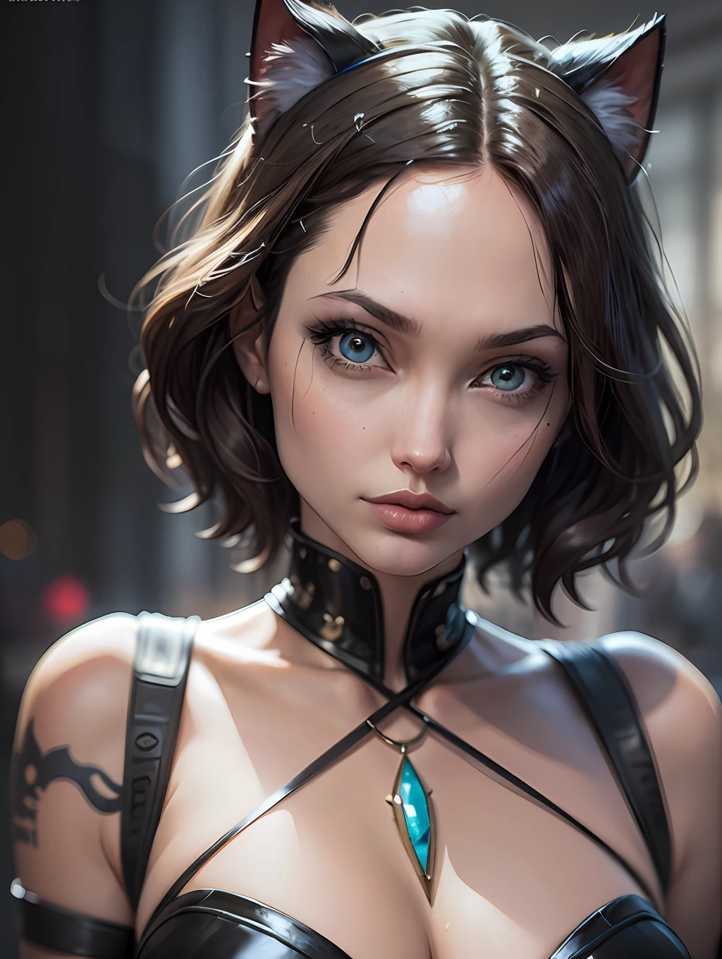 Catwoman, (masterpiece), realistic, (portrait of a girl), beautiful face, sunlight, cinematic light, bangs, beautiful woman, beautiful eyes, short black hair, perfect anatomy, very cute, princess eyes, (eyes blacks), (frame head), focused, stylized, Bioluminescence, 8K resolution, low-cut white dress with small blue details, human hands, full of wonder, graceful, approaching perfection, dynamic, highly detailed, character sheet, art conceptual, smooth, looking directly at viewer positioned so that her body is symmetrical and balanced, stunningly beautiful, detailed short black hairstyle with bangs, --auto --s2