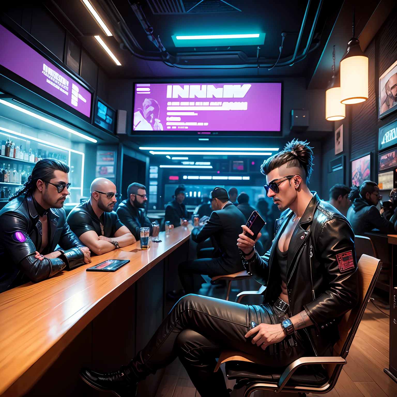 cyberpunk, 8 amigos homens, usando celular e computador, em um bar, Cyberpunk style building, roupas descoladas, Mafia Group, desenho realista, ultra hd, muitos detalhes, luzes neon, hackeando, jogando