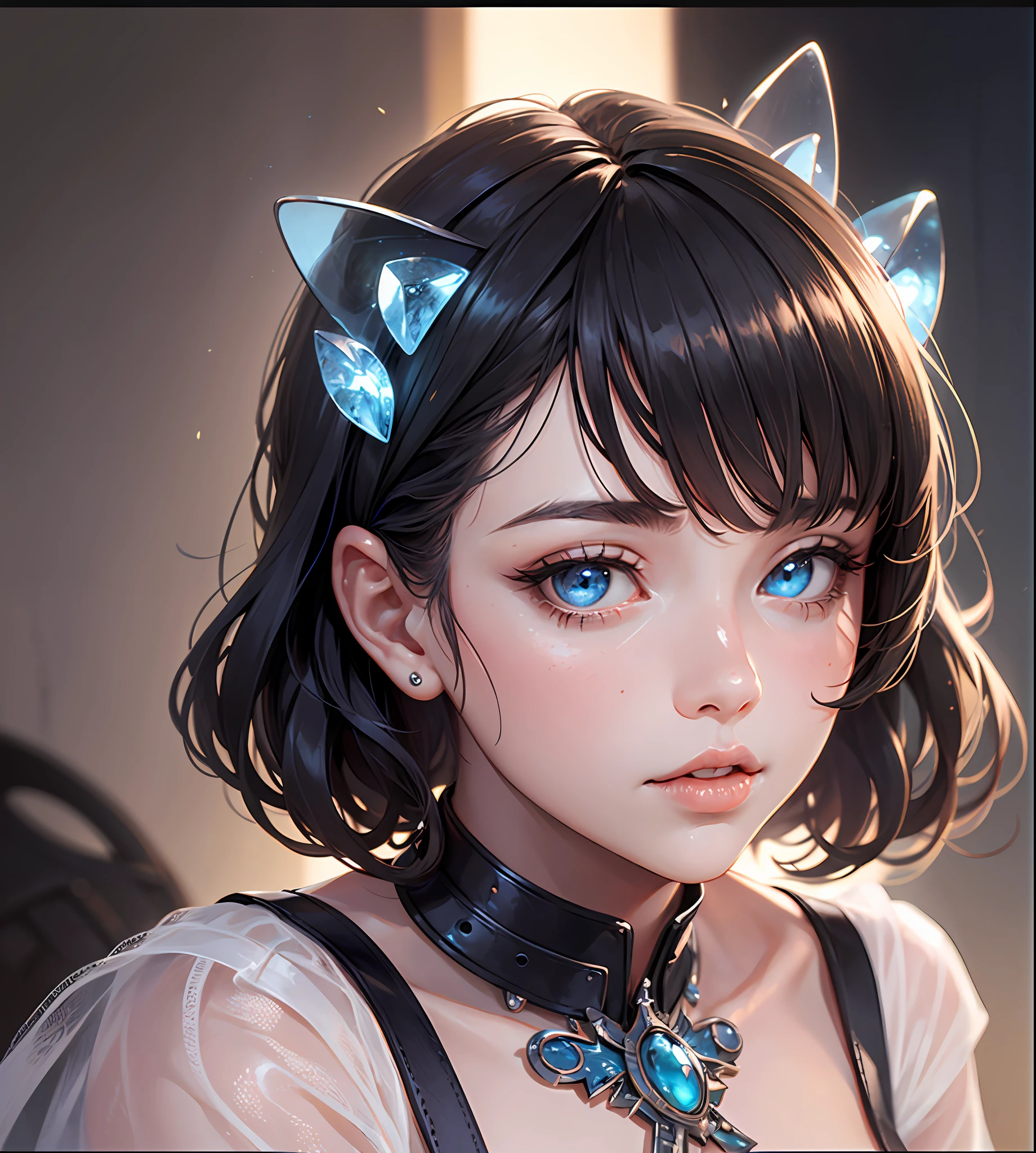 Catwoman –chaos 60, (masterpiece), realistic, (American shot of a girl), beautiful face, Wes Anderson style, sunlight, cinematic light, bangs, beautiful woman, beautiful eyes, short black hair, perfect anatomy, very cute, princess eyes, (eyes blacks), (frame head), focused, stylized, Bioluminescence, 8K resolution, low-cut white dress with small blue details, human hands, full of wonder, graceful, approaching perfection, dynamic, highly detailed, character sheet, art conceptual, smooth, looking directly at viewer positioned so that her body is symmetrical and balanced, stunningly beautiful, detailed short black hairstyle with bangs, (aspect ratio 1:1) --auto --s2