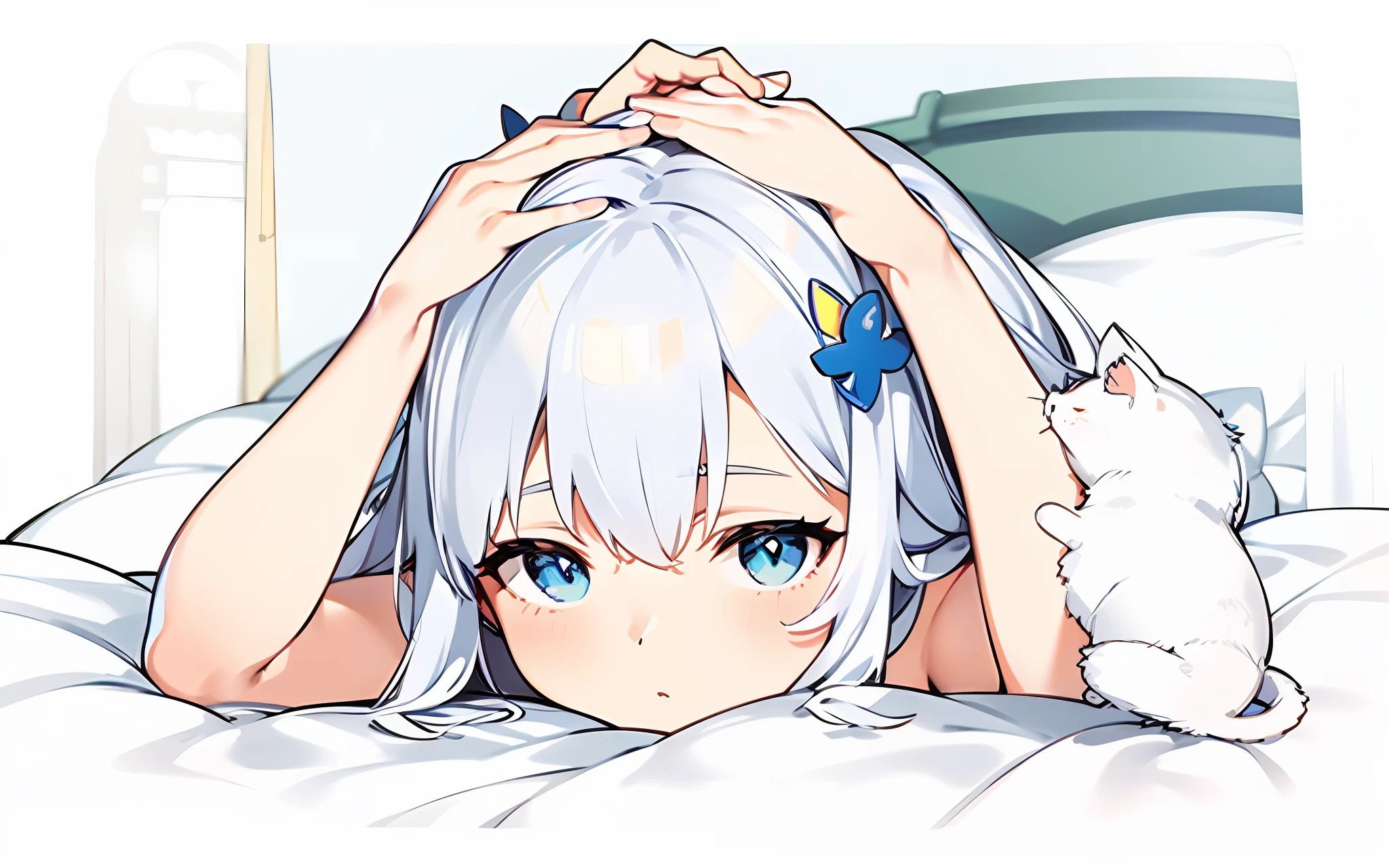 Cat lady，Cute cat cat girl，white color hair，blue color eyes，Lie down in bed，is shy，Be red in the face，hands on head，The upper part of the body，A half body