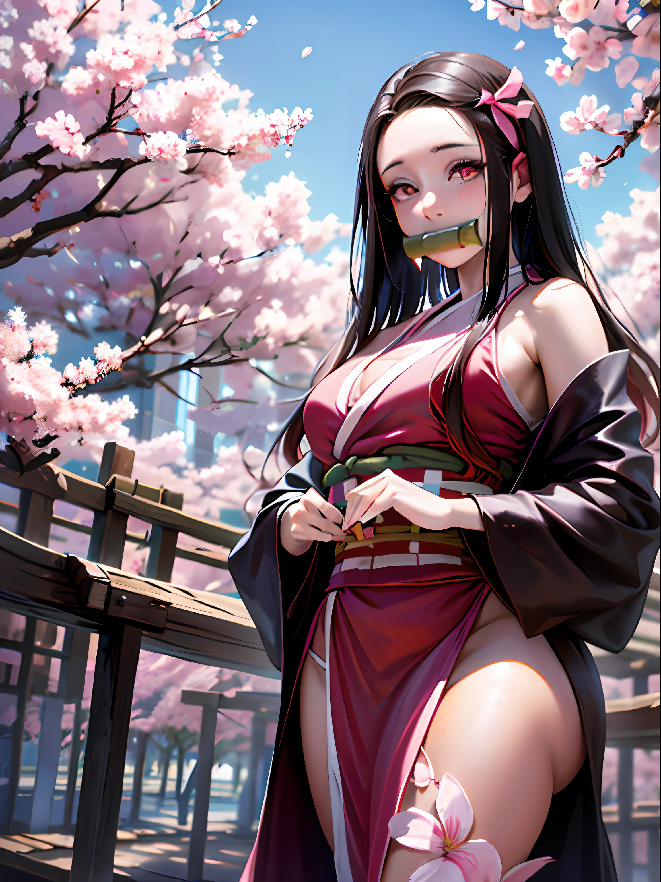 ((best quality)), ((masterpiece)), ((realistic)), Nezuko transformed into an Oni, standing in a plaza with a bamboo in her mouth, wearing a kimono that reveals her delicate yet developed body, surrounded by numerous cherry blossom trees, sunlight reflecting strongly in her eyes, realistic style, digital painting, captivating scene, soft pastel tones with vibrant cherry blossom accents on eye level, scenic, masterpiece, bamboo in mouth