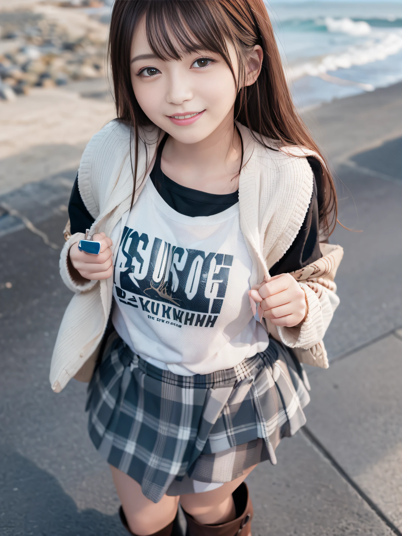(masutepiece, top-quality, Ultra High Quality, 超A high resolution: 1.2), (8K raw photos), (Detailed eyes and skin), (detailed facial features), Detailed eyes, tre anatomically correct, (Textured skin: 1.2), (Realistic, photographrealistic: 1.2), award - winning photo, Depth of Picture, Shading by sunlight、
drooing eyes, long eyeslashes, bags under eyes, brown haired, thick bangs, curlyhair、shinny hair、Happy smiling face、
tshirts、jaket、skirt by the、boots、sea side、