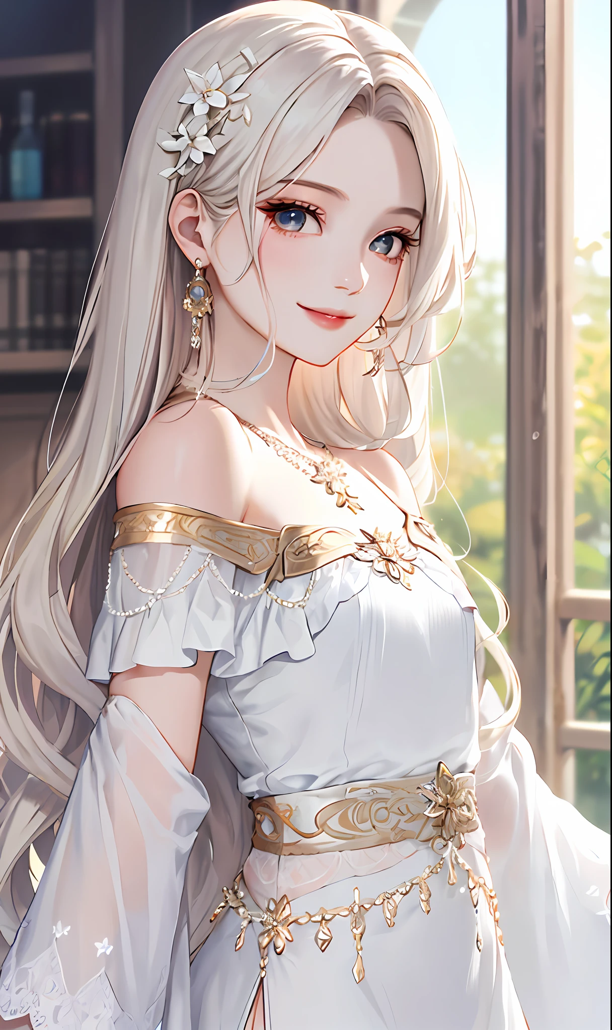 Realistic、ultra hires、ung idol girl、Distant gaze、ootd、Off-shoulder white tops、round and young face、Accessories Full、a necklace、Clear eyes、long eyelashes、Smaller chest、Slim waist、Light makeup、smiling slightly。Light colored hair、