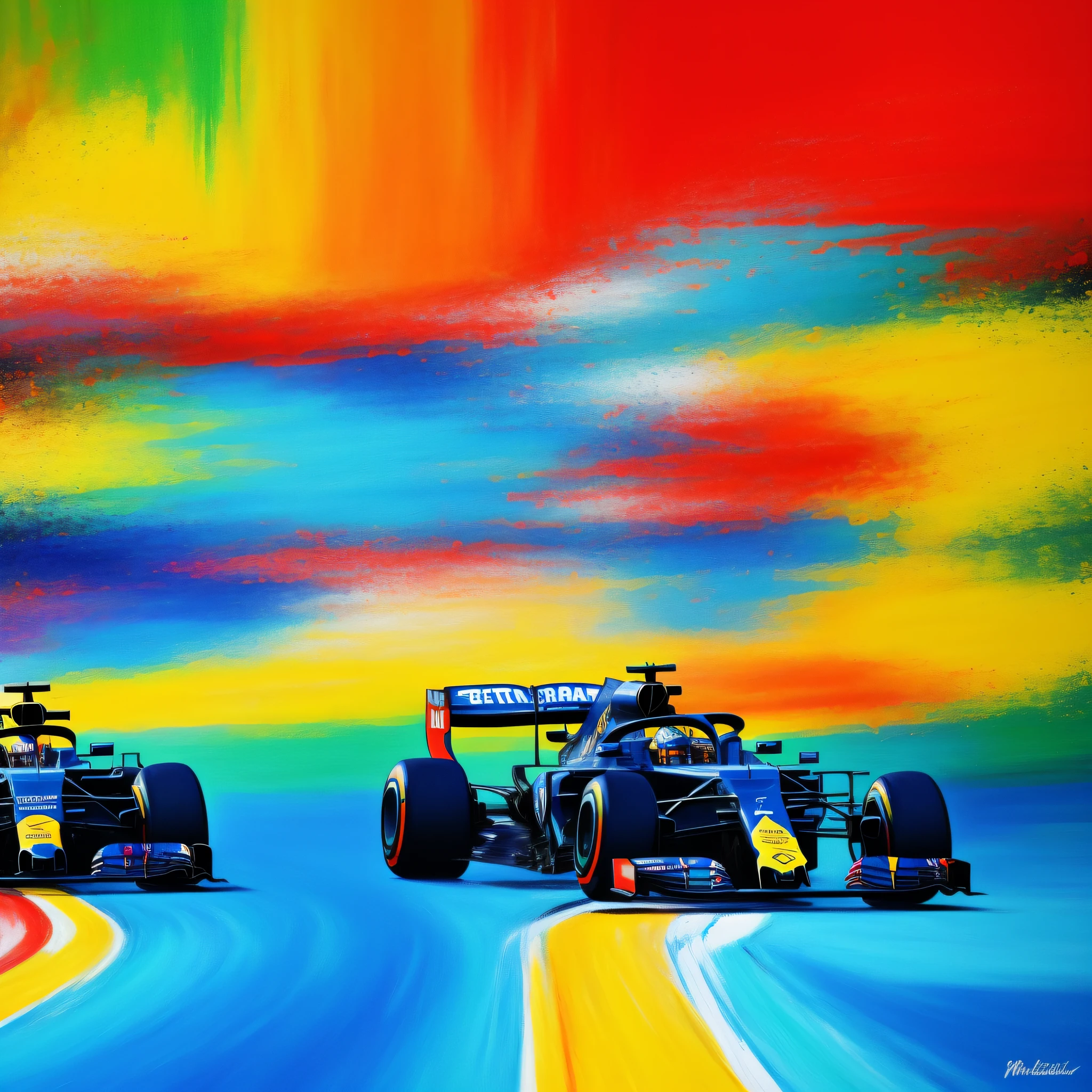 Painting for me a Formula 1 race. Painting in style: "impressionism", with vibrant and well defined colors in 8K.