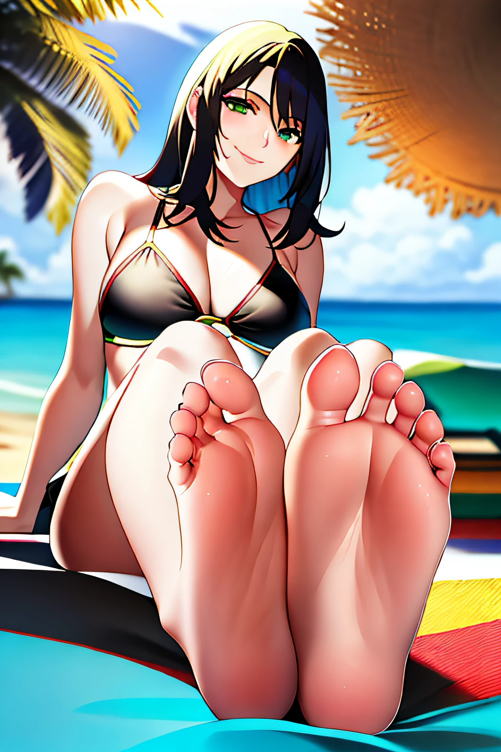 masterpiece, best quality, 1girl, nice hair, black hair, mommy, green eyes, black swimsuit, smile, sitting, feet up, soles, beach, ocean, sand, pose