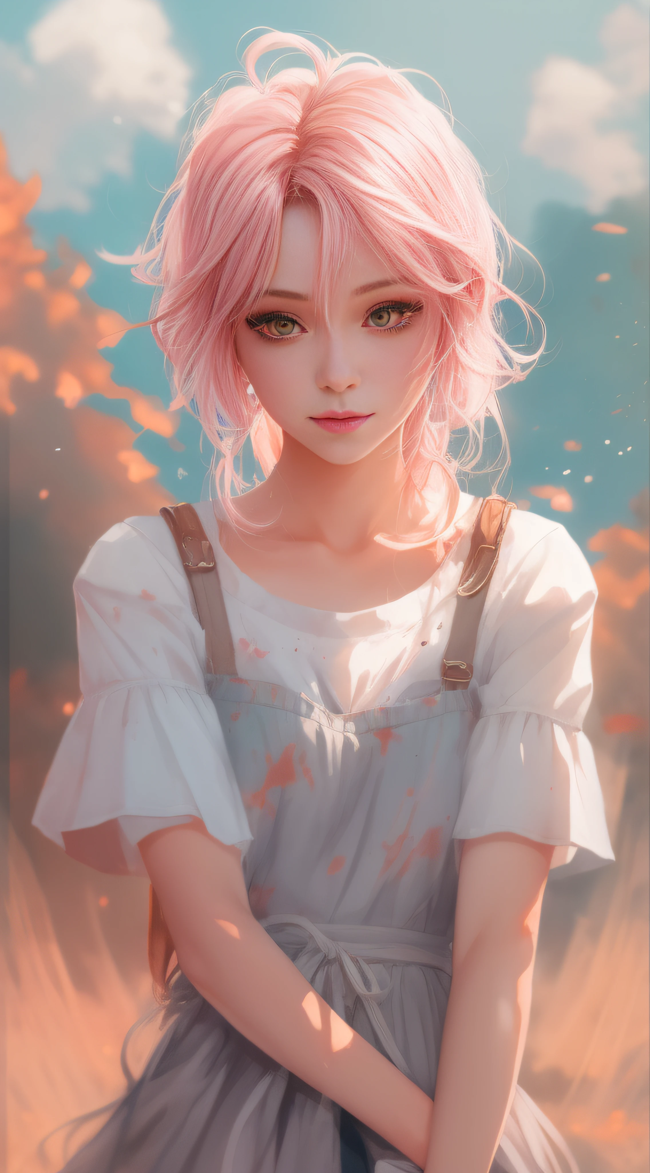 masterpiece, beautiful woman, A digital illustration of anime style, digital anime paintings of her, soft anime tones, Feels like Japanese anime, Watercolor, wash technique, colorful, A painting with dripping and scattered paint, Painting like Agnes Cecile, blurry, pale touch, smudged outline, like a fairy tale, beautiful face, orange sunset, summer sky, detailed clouds, country town, Her hair is gently swaying in the breeze, Summer clouds spreading far away, Her hair is gently swaying in the breeze, and the sun is shining down on her, casting a warm glow on her skin, pale brown dress, pink hair, large eyes, black eye, a little smile, luminism, three dimensional effect, Albert Anker, Feeling like Albert Anker, Feeling like Kyoto Animation, Greg Rutkowski, Artgerm, WLOP, Alphonse Beeple, luminism, 3d render, octane render, Isometric, 8k, facing directly at the viewer positioned so that their body is symmetrical and balanced, delicate and anime character expressions,