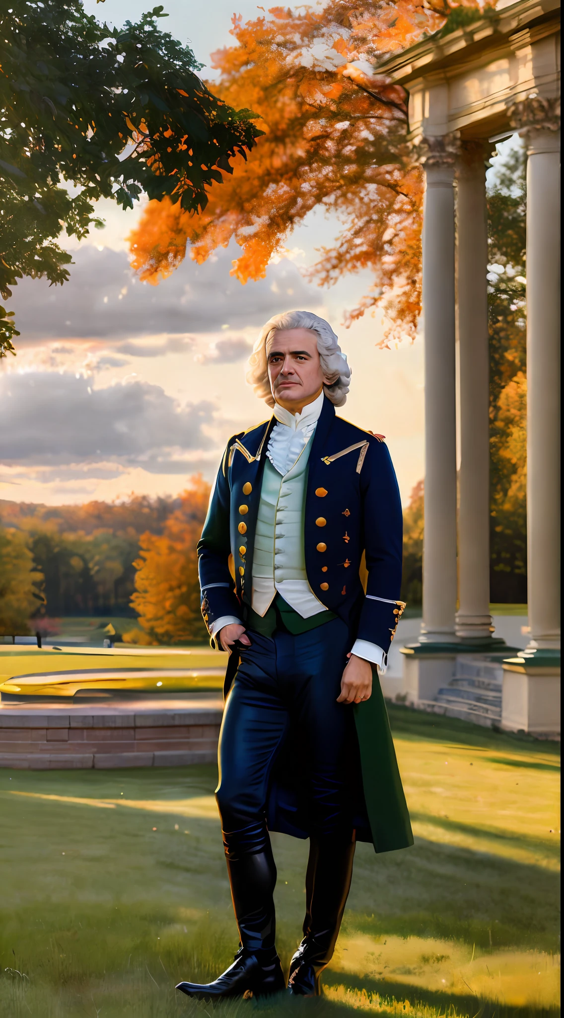 (masterpiece, UHD, oil painting, Greg Rutkowski style:1.3), Thomas Jefferson, (fine powdered wig:1.2), formal 18th-century clothing, posed on Monticello's grounds, verdant Virginia landscape, intricate gardens, architectural elegance, vivid sky, setting sun, (warm color palette:1.2), sense of tranquility, full body, gazing into the distance.
