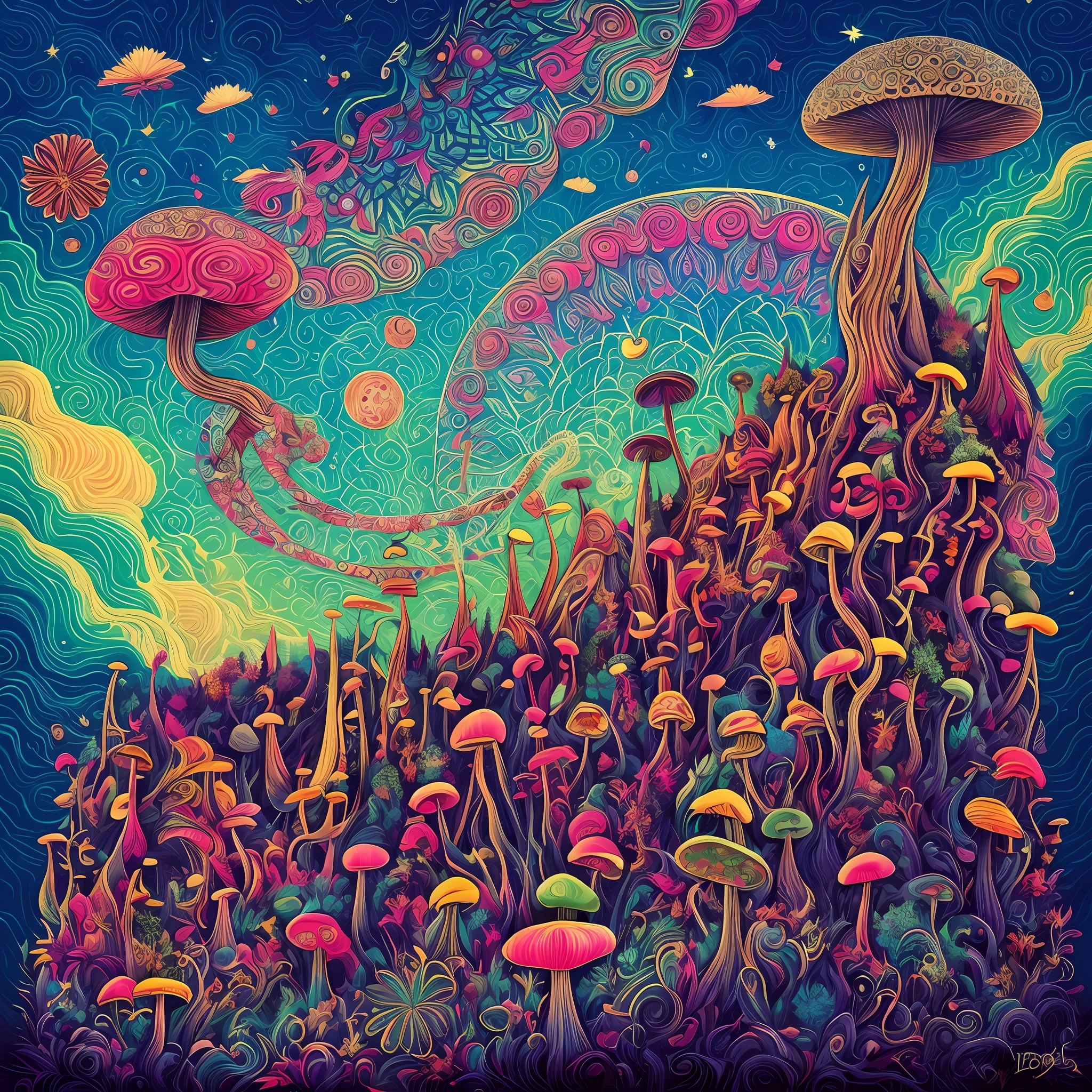 A hill with a bunch of mushrooms with leaves and flowers of cannabis, a sky composed of mandalas, Arte Trippy, psychedelic mushrooms dream, psychedelic illustration, cogumelo trippy, psychedelic trip, psychedelic acid trip, psychedelics, psychedelic mushrooms, just take a pinch of psychedelic, psychedelic style, Dan Mumford e Alex Grey Estilo, psychotropic psychedelic, psychedelic art style, psychedelic artwork, psychedelic surreal art, psychedelic aesthetic, folhas de cannababis no jardim, and the sky composed of mandalas