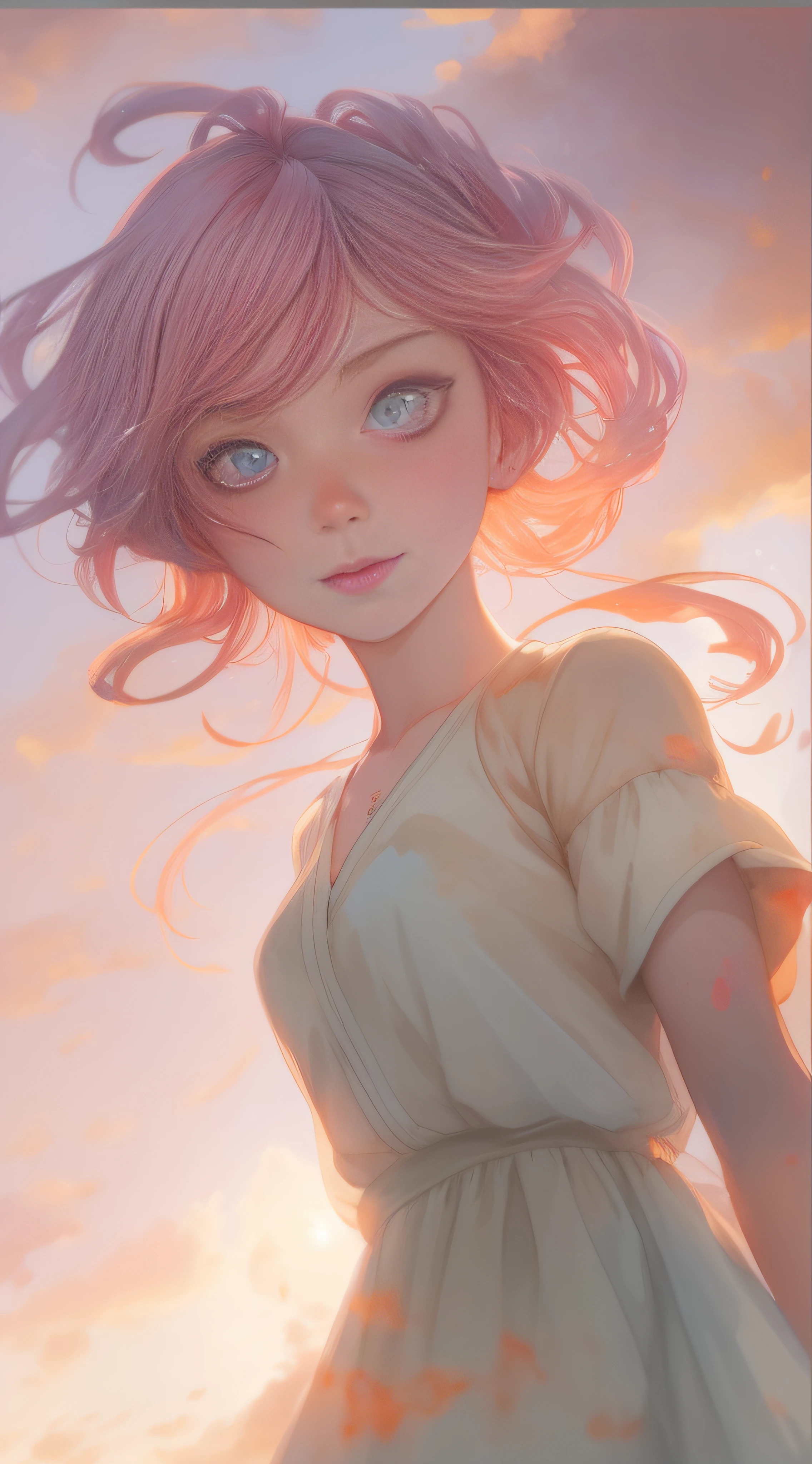 masterpiece, beautiful woman, A digital illustration of anime style, digital anime paintings of her, soft anime tones, Feels like Japanese anime, Watercolor, wash technique, colorful, A painting with dripping and scattered paint, Painting like Agnes Cecile, blurry, pale touch, smudged outline, like a fairy tale, beautiful face, orange sunset, summer sky, detailed clouds, country town, Her hair is gently swaying in the breeze, Summer clouds spreading far away, Her hair is gently swaying in the breeze, and the sun is shining down on her, casting a warm glow on her skin, pale brown dress, pink hair, large eyes, black eye, a little smile, luminism, three dimensional effect, Albert Anker, Feeling like Albert Anker, Feeling like Kyoto Animation, Greg Rutkowski, Artgerm, WLOP, Alphonse Beeple, luminism, 3d render, octane render, Isometric, 8k, facing directly at the viewer positioned so that their body is symmetrical and balanced, delicate and anime character expressions,