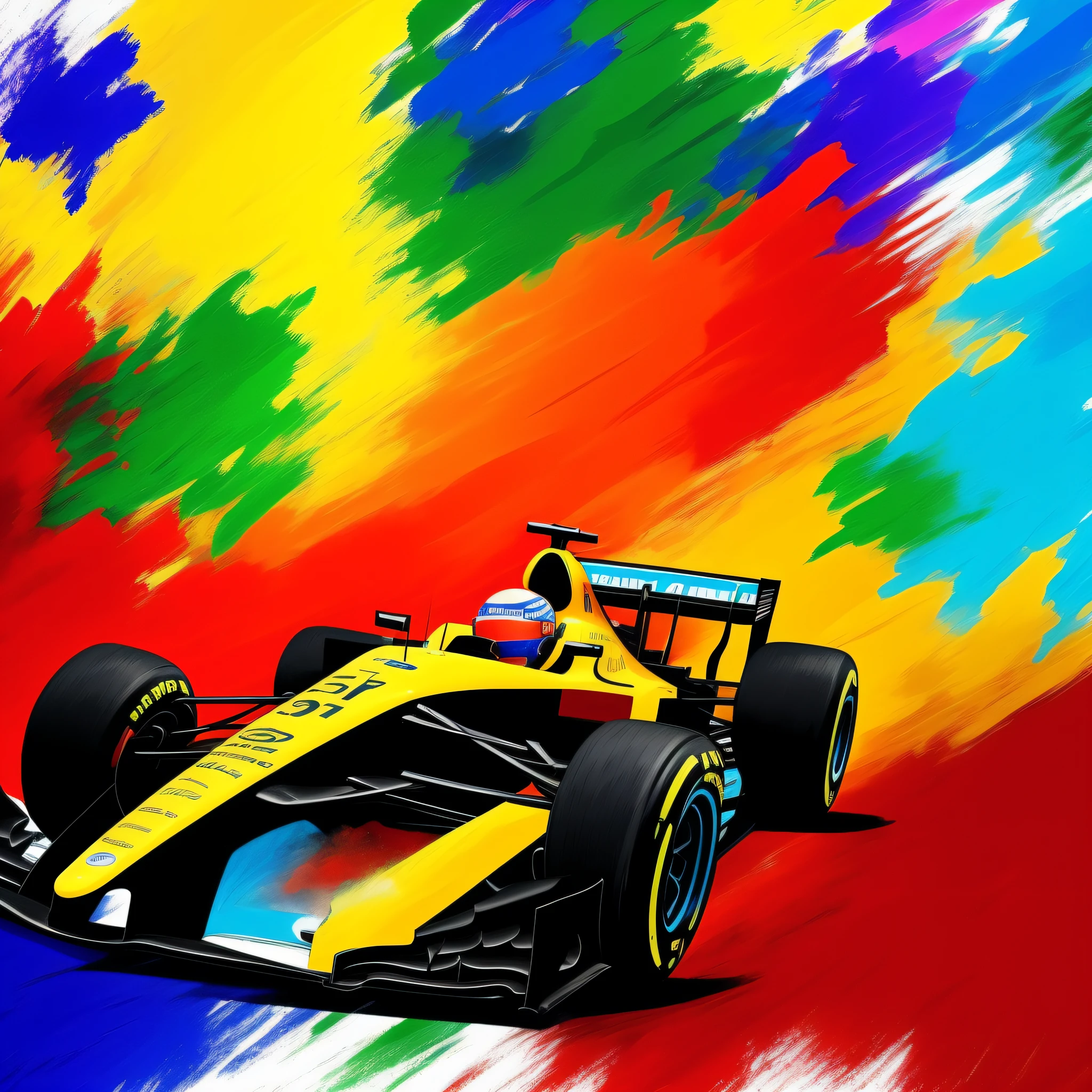Paint for me a Formula car and a Formula 1 driver in the same picture. Pintar no estilo: "impressionismo", com cores vibrantes e bem definidas em 8K. Paint in such a way that the character is easily recognizable and revealing the perfection of the character's facial expression.
