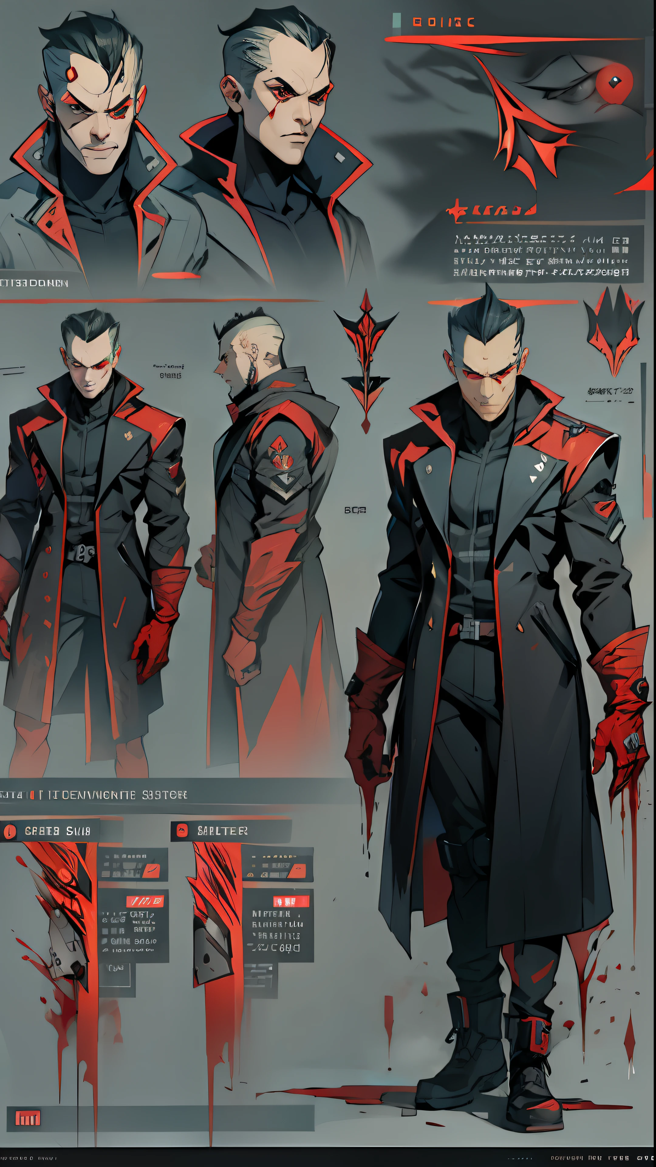 character sheet, full body front and back, cyberpunk mr sinister, overcoat, black suit, bloody energy power, red blood mage, red veins, blood boobles, floating, intricate detail, high detail, full color, perfect anatomy, centered, approach to perfection, 4k , cinematic dramatic atmosphere, artstation, concept art, fluid and sharp focus, volumetric lighting, cinematic lighting