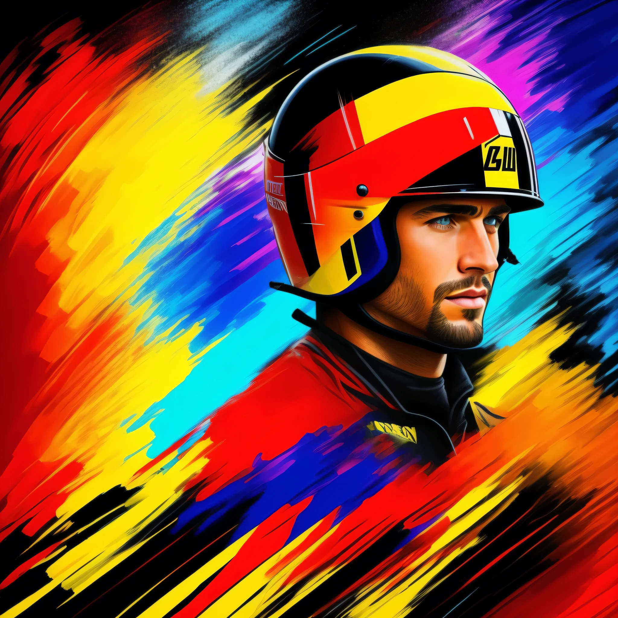 Paint for me a Formula car and a Formula 1 driver in the same picture. Pintar no estilo: "impressionismo", com cores vibrantes e bem definidas em 8K. Paint in such a way that the character is easily recognizable and revealing the perfection of the character's facial expression.