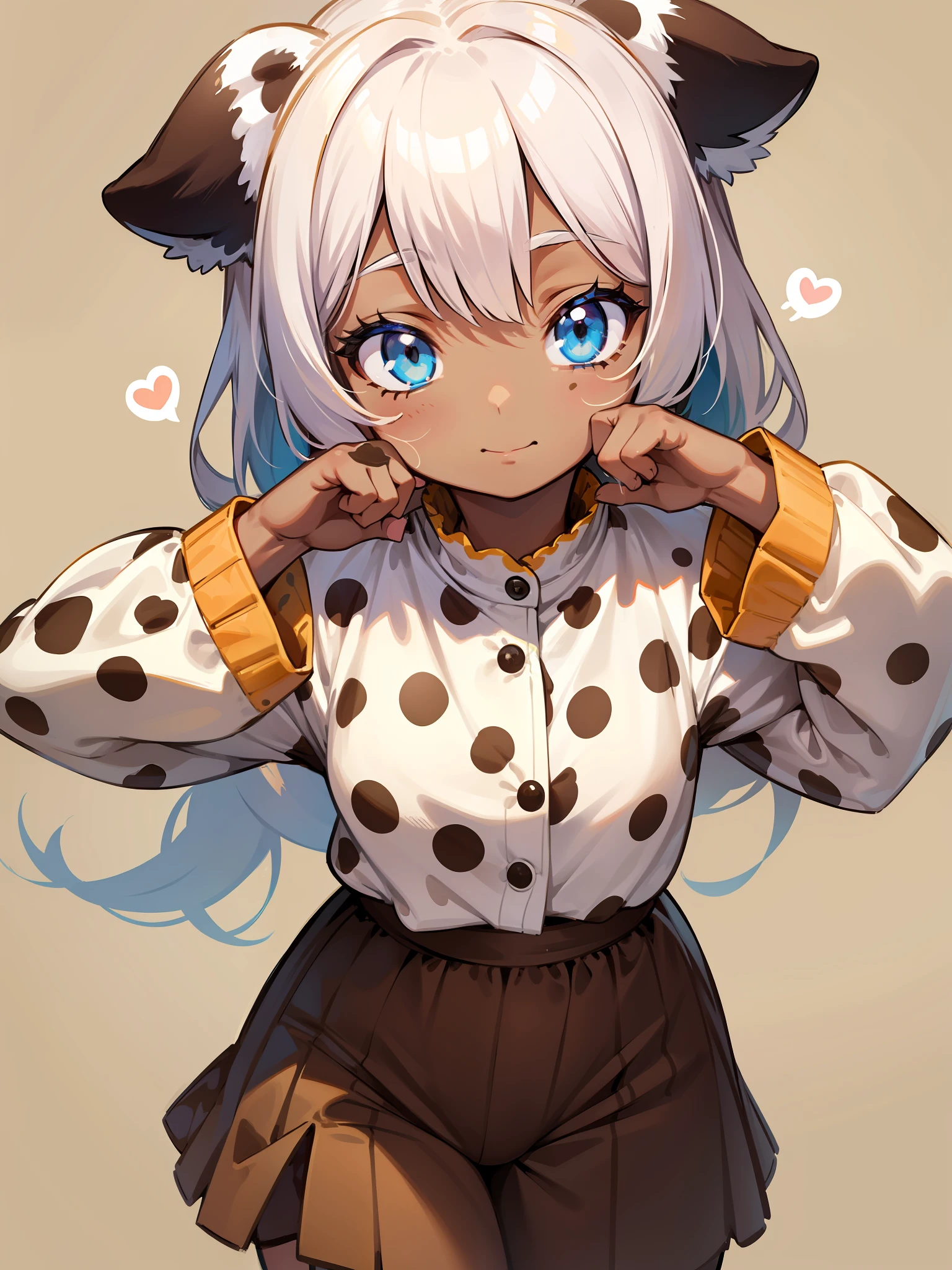 1girl, dalmatian dog ears, spots, spotted ears, chocolate milk inspired color palette, creamy colors, brown spots, chocodog, very light blue eyes, masterpiece, standing, cute pose, trending, character, design, cutest, adorable, stunning, detailed clothing, professional chat, bown skin, dark skin, melanin