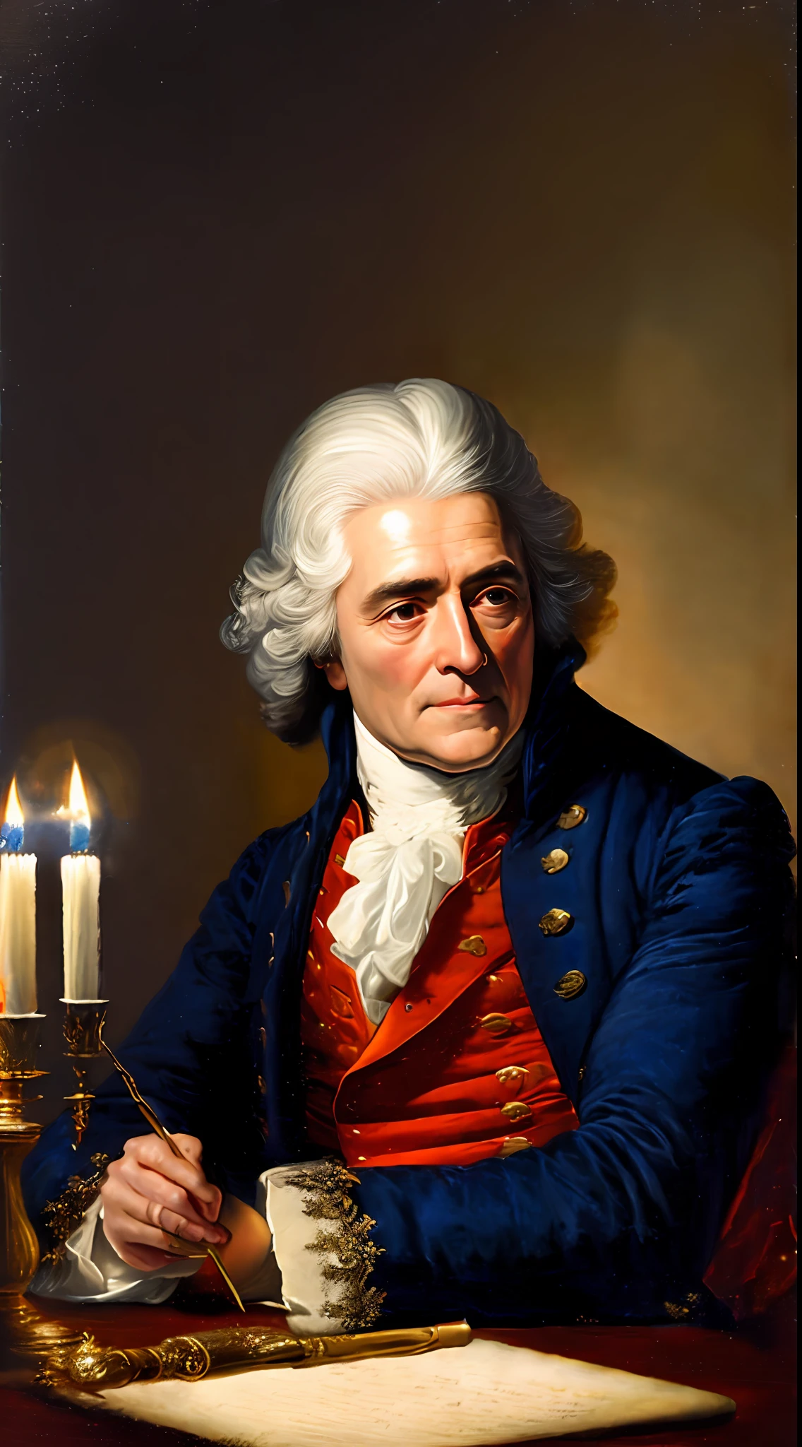 (masterpiece, high resolution, oil painting, Greg Rutkowski style:1.3), Thomas Jefferson, (characteristic powdered wig:1.2), dressed in 18th-century formal attire, drafting the Declaration of Independence, sprawling parchment, well-used quill, candlelit room, rich colors, dramatic shadows, (detailed textures:1.2), intense concentration, side view, lit by candlelight.