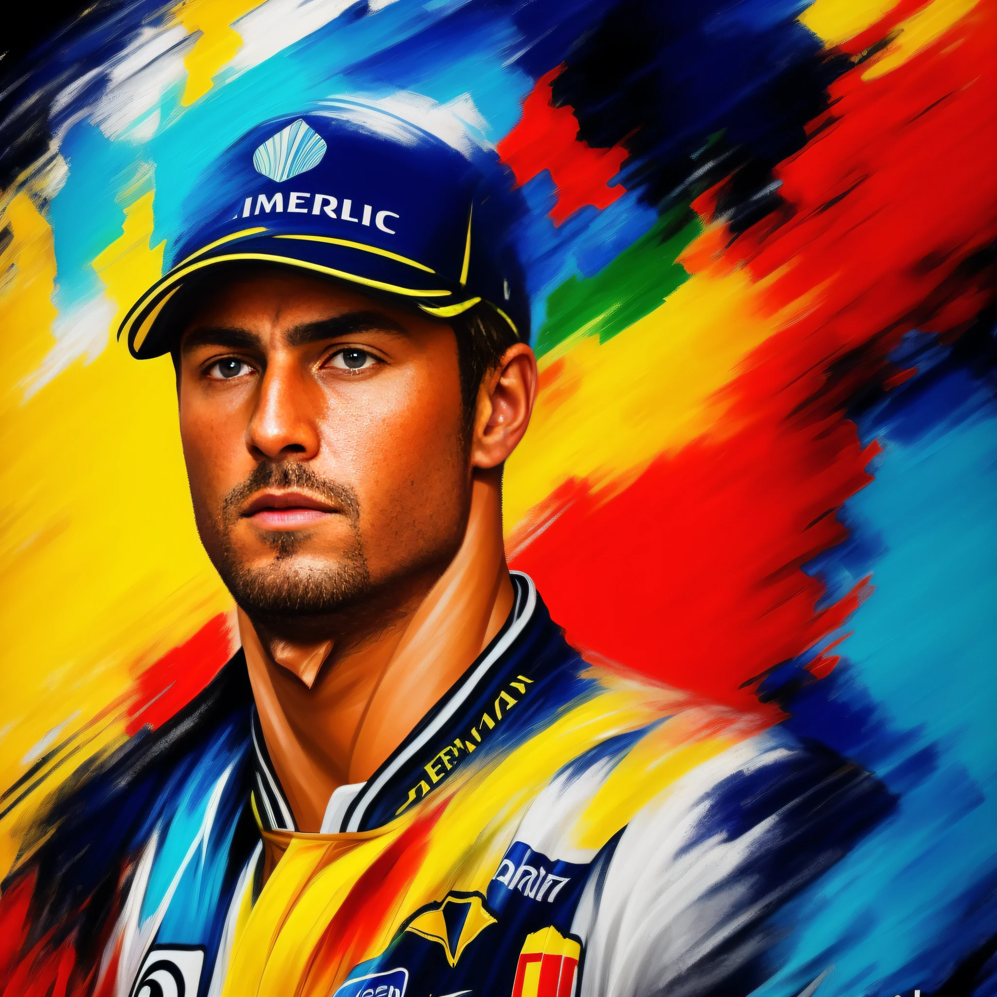 Paint me a Formula 1 driver. Pintura sem estilo: "impressionismo", 8K cores. Pinte com cores vibrantes e bem definidas, but in a way that the character is easily recognized and revealing the perfection of the character's facial expression.
