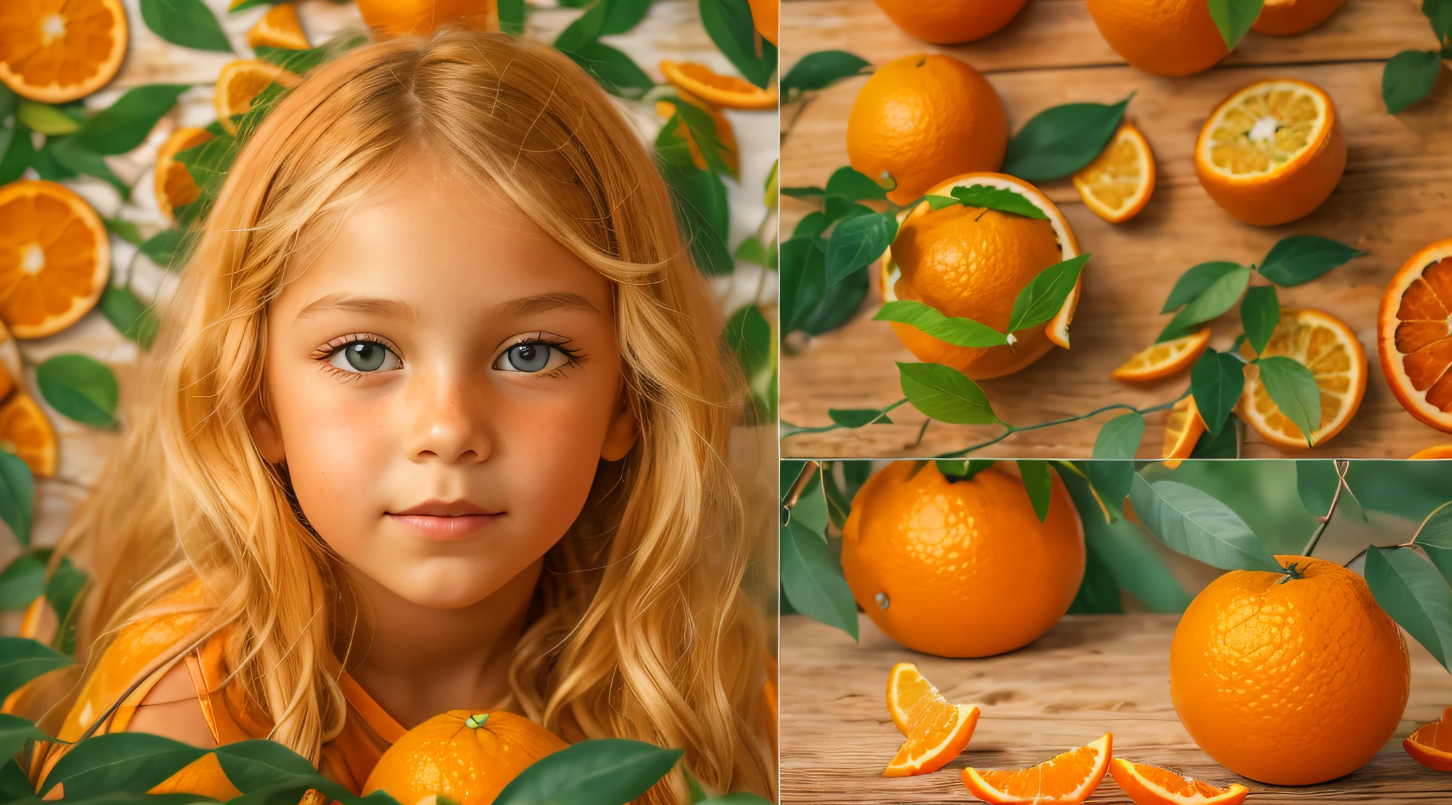 Russian child girl,e up, PORTRAIT, with long blonde hair, in a cowboy hat, many oranges with leaves on them on a table, oranges, extremely coherent orange, orange skin, orange and orange slices, orange colors, orange color, orange backgorund orange, orange, orange slices, vibrant orange, orange background, an orange, orange colors, very orange, orange theme, orange minerals, in front of an orange background, orange plants