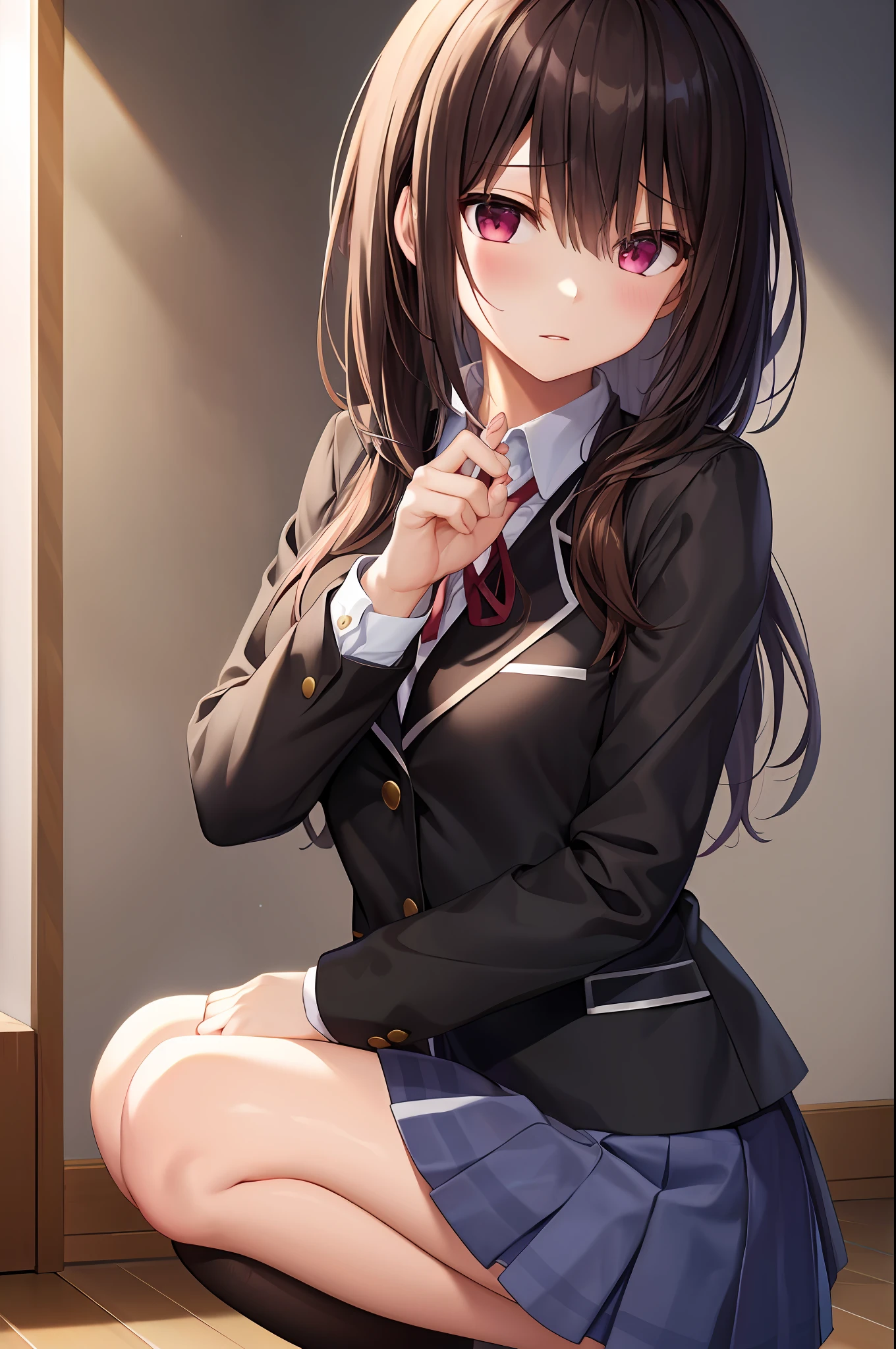 Tokisaki kurumi, 1girl, solo, school uniform, long sleeves, skirt grey, blush, (absurdres), (highres), looking at viewer, indoor, house, squatting, (extremely detailed CG unity 8k wallpaper,masterpiece, best quality, ultra-detailed)