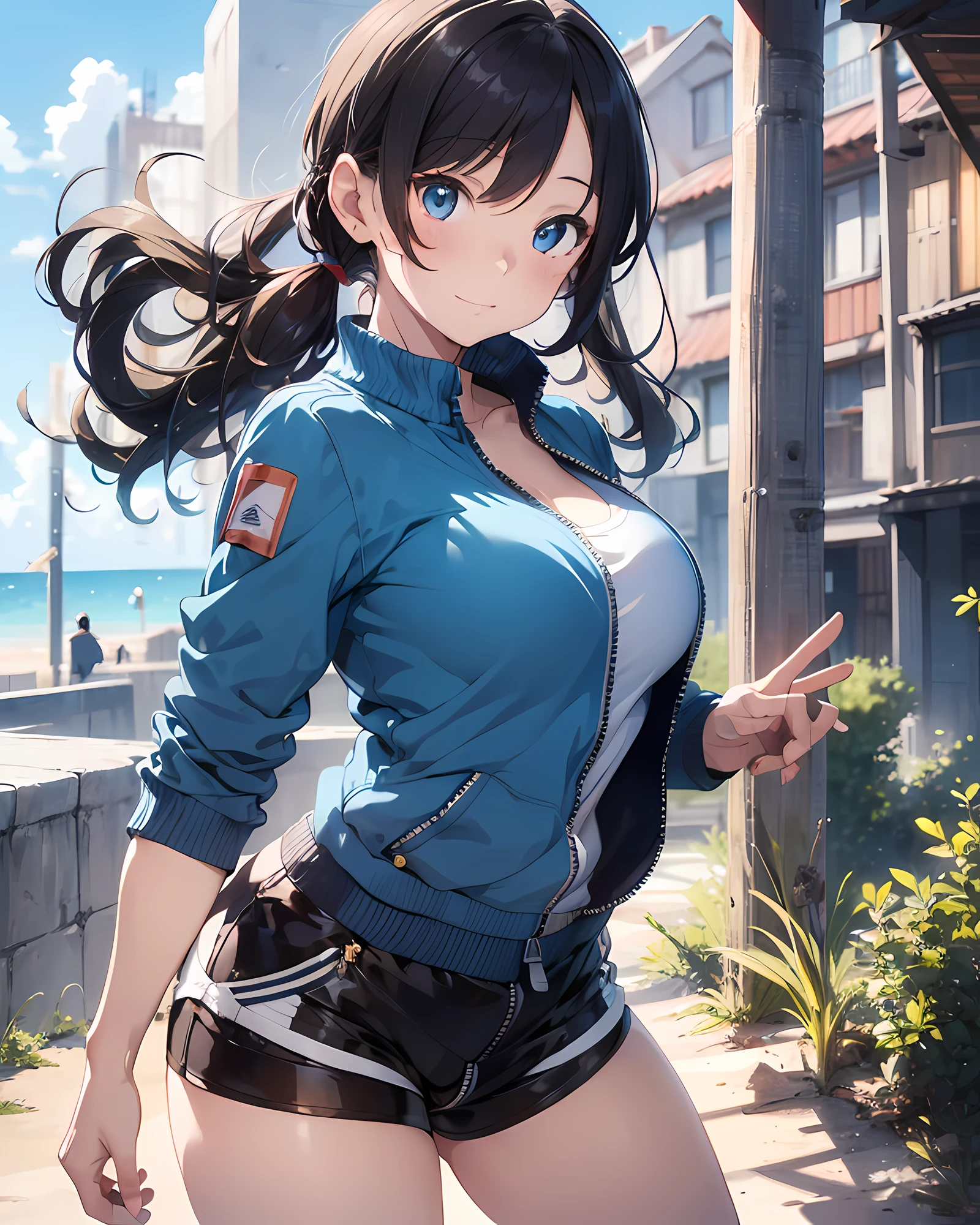 Illustration of a sexy model woman wearing a light-blue tight full-zip sweat tops and a shorts at Italian sandy beach, anime style illustration, highres, ultra detailed, (1girl:1.3), (dynamic pose):1.0 BREAK, full body image, (pale skin:1.3), ((detailed blue eyes)), (bokeh effect), (dynamic angle), 1 extremely beautiful and glamorous anime waifu, (wearing a light-blue tight full-zip sweat tops and a shorts:1.37), BREAK, ((she has chestnut wavy pony-tail short hair style:1.37)), (medium-breasted:1.27, slender:1.1), light smile, happy, wind, 8 life size, detailed clothes, detailed body, detailed arms, human hands, detailed hands, perfect nose, closed mouth, blush, light smile, pink lip gloss, looking the viewer, facing the viewer, sexy model posing, studio soft light, cinematic light, ((Italian sandy beach viewer background,:1.37 detailed background)), realistic, ultra-realistic, masterpiece, 32k ultra-sharp image, Japanese anime waifu, concept art by Kyoto animation, Makoto Shinkai,