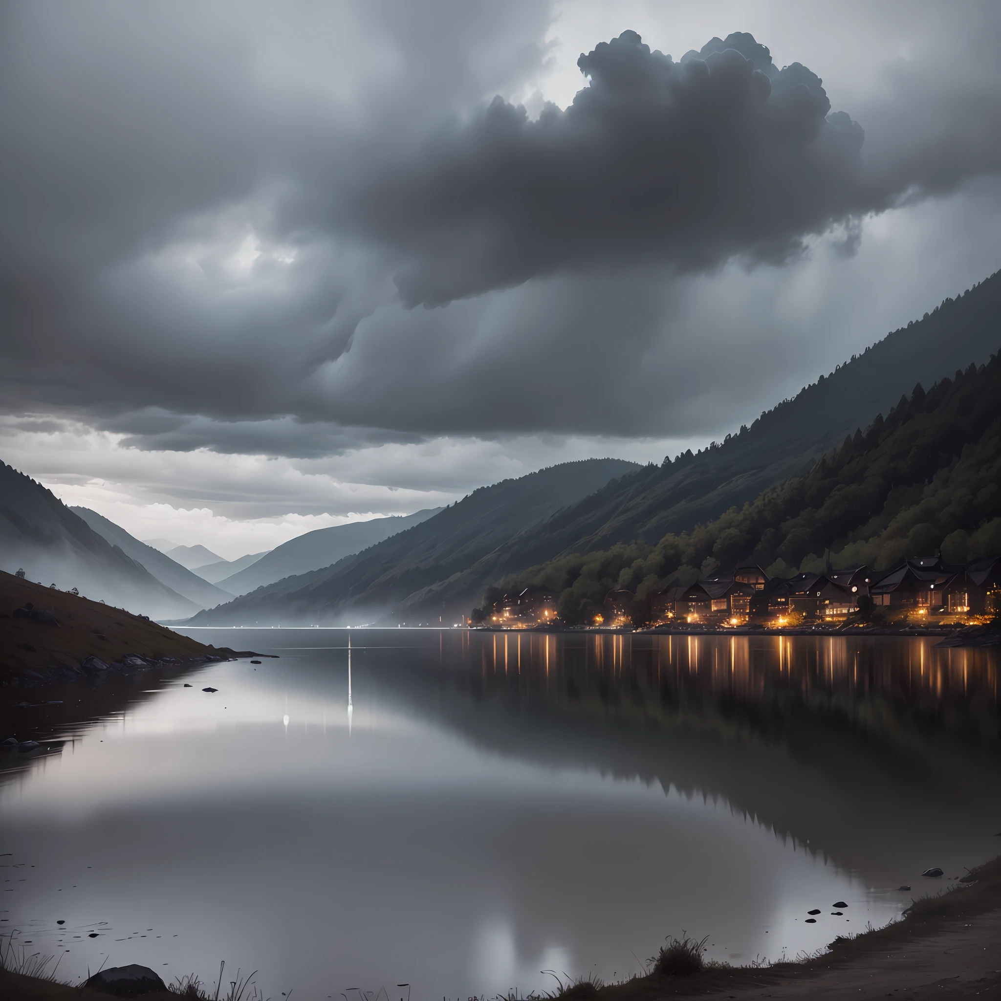"Dark and melancholic atmosphere by the lakeside with small hills, amidst pouring rain, under dark clouds."